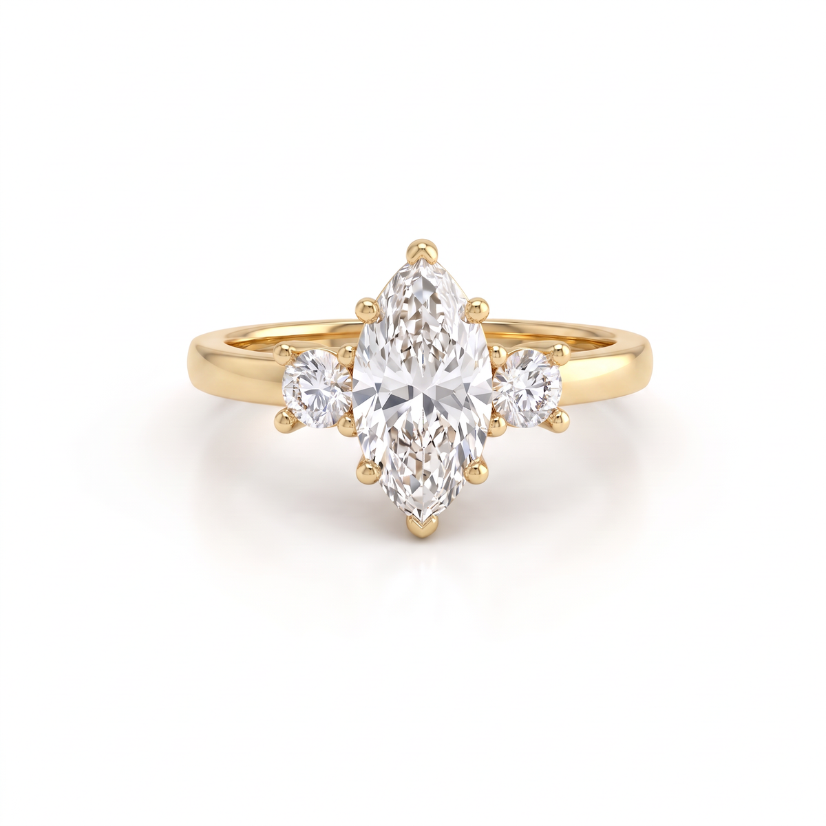 1ct marquise Lab-Grown Diamond three-stone engagement ring with round side stones in 14K yellow gold, front view