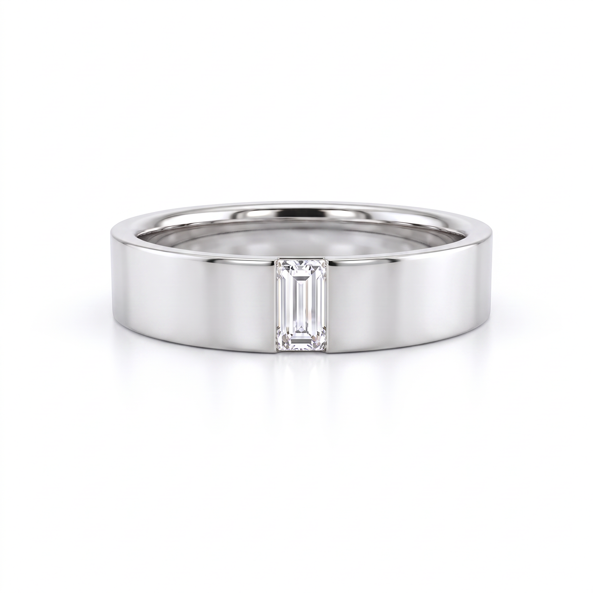 5mm men's wedding band in 14K white gold with a channel-set baguette Lab-Grown Diamond