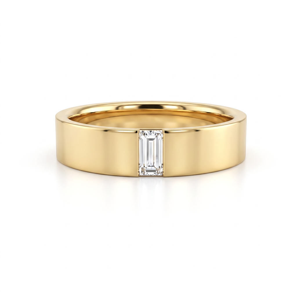 5mm men's wedding band in 14K yellow gold with a channel-set baguette Lab-Grown Diamond