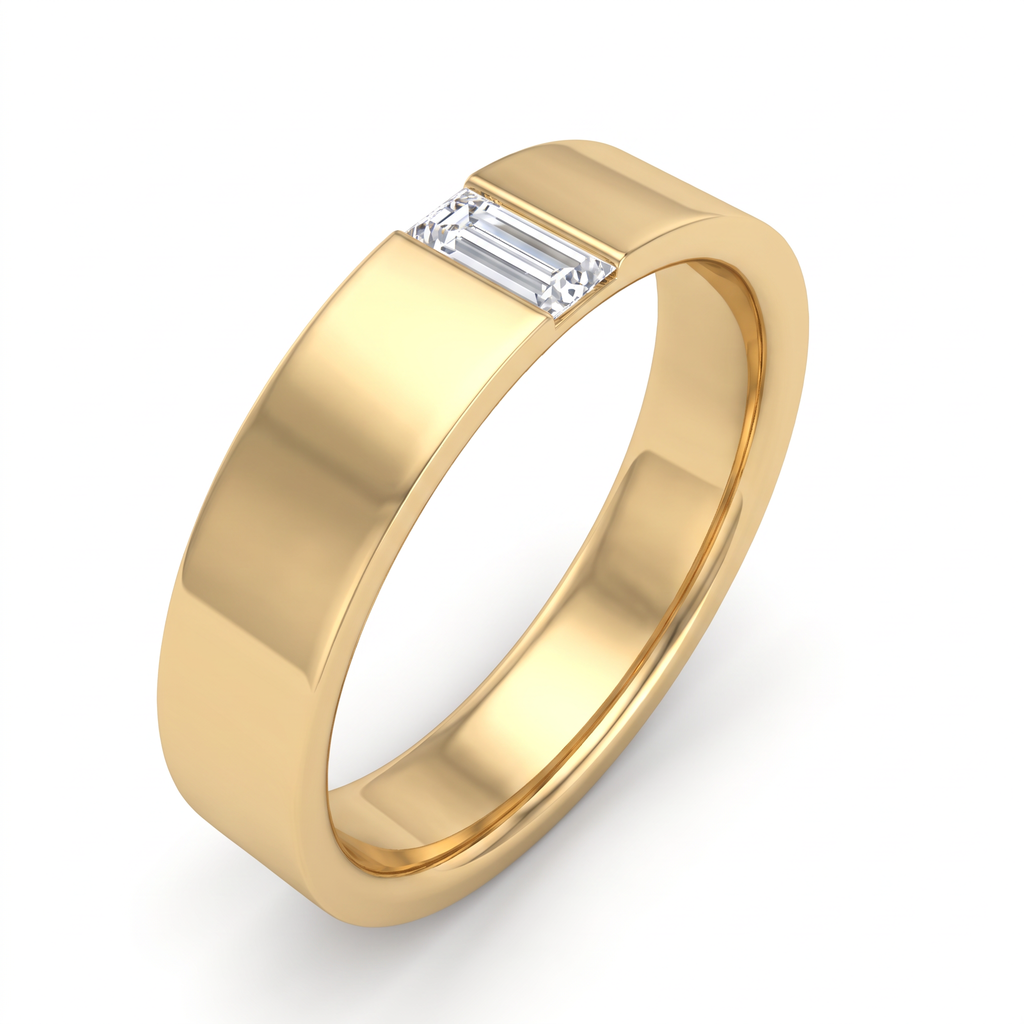 Side profile of a flat 5mm baguette Lab-Grown Diamond wedding band in 14K yellow gold