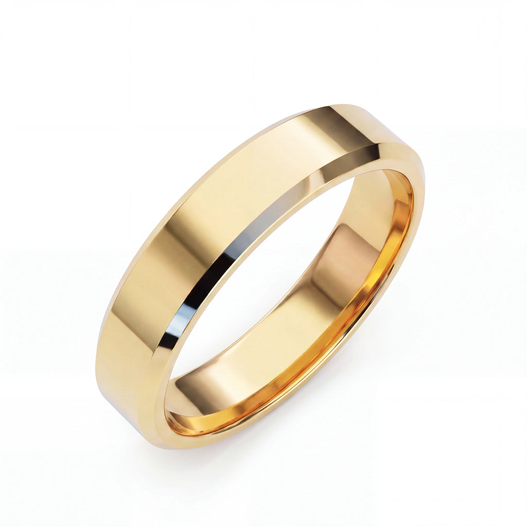 Men's Beveled Edge Wedding Band in 14K gold, worn on hand