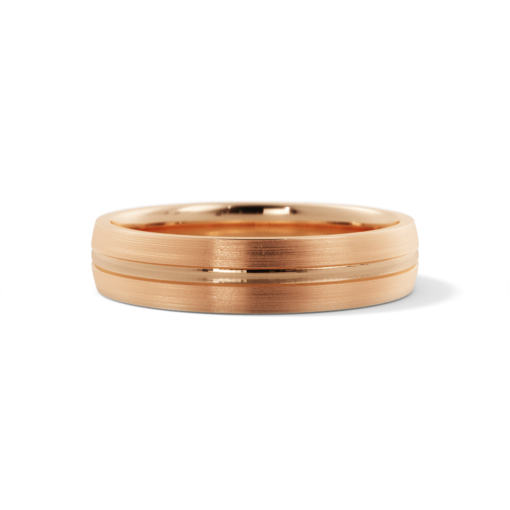 Men's 5mm brushed wedding band in 14K rose gold with one polished groove, front view