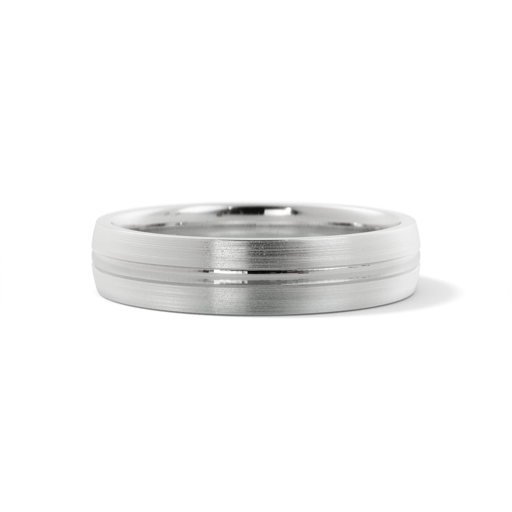 Men's 5mm brushed wedding band in 14K white gold with one polished groove, front view