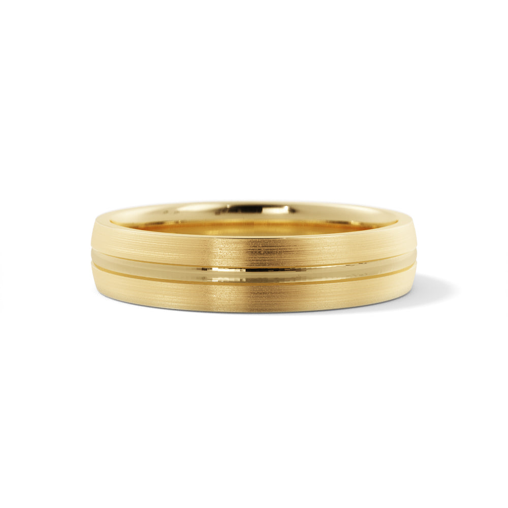 Men's 5mm brushed wedding band in 14K yellow gold with one polished groove running around the band, front view