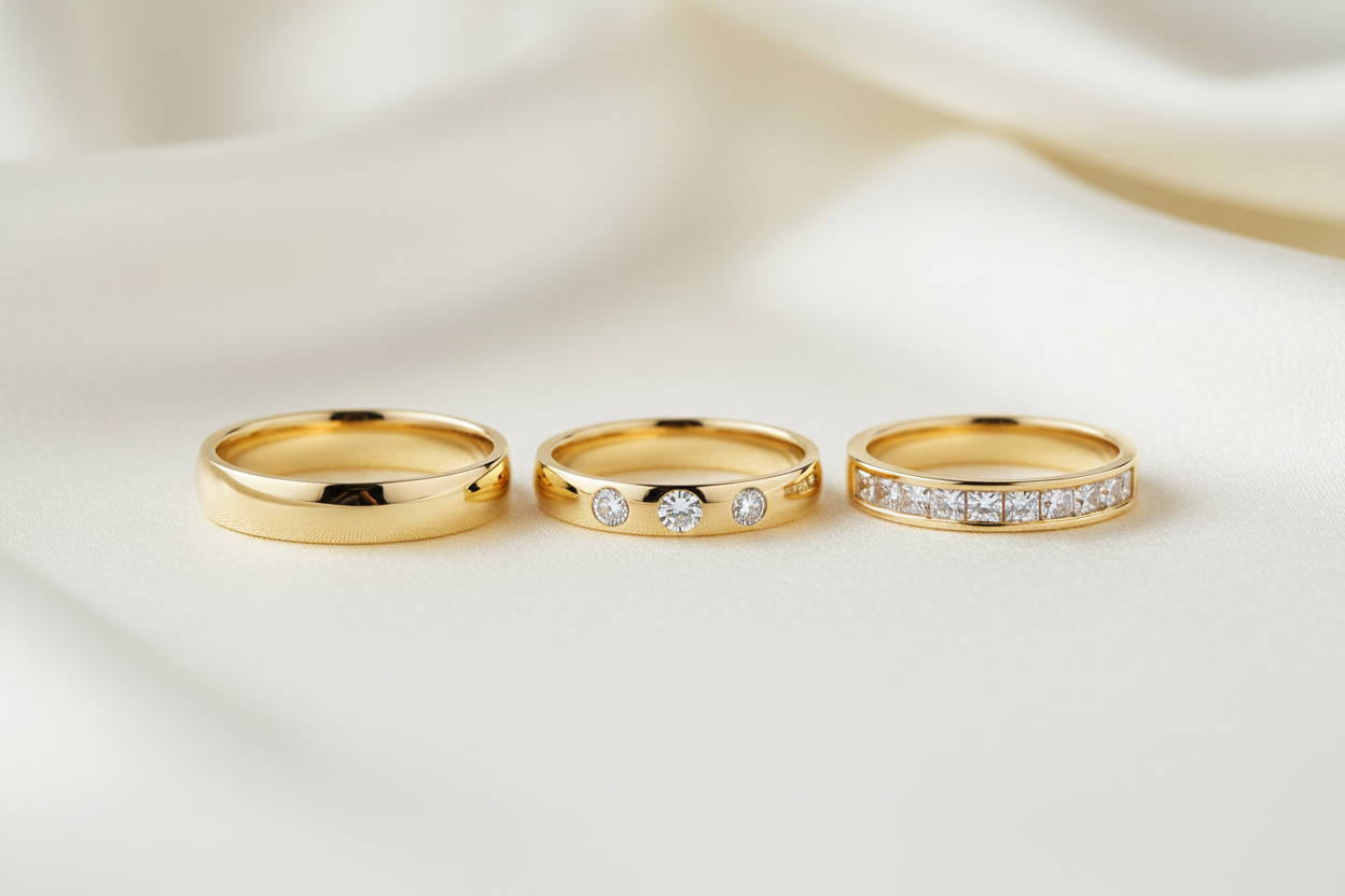Three 14K yellow gold wedding bands displayed on a soft ivory background: one plain band, one with round diamond accents, and one with square princess-cut diamonds, photographed in a luxury editorial style.