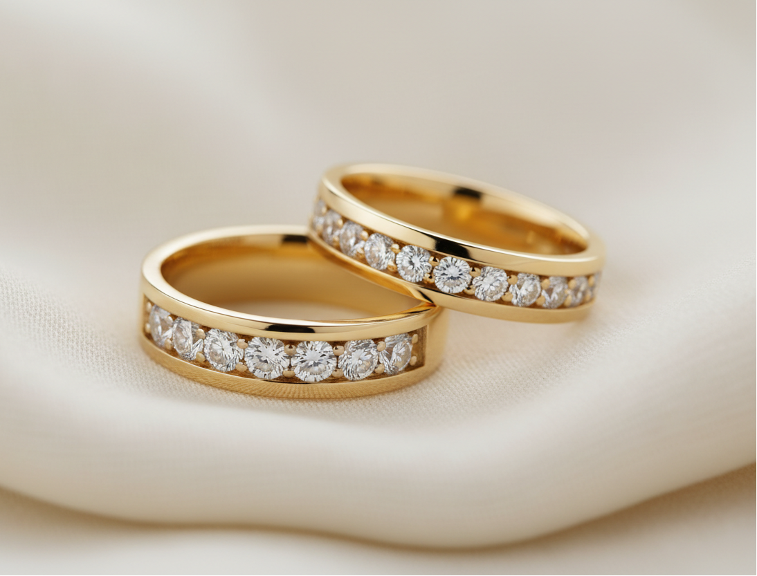 Two men’s diamond wedding bands in 14K yellow gold displayed on an ivory fabric backdrop, featuring channel-set and flush-set diamonds in soft luxury lighting.