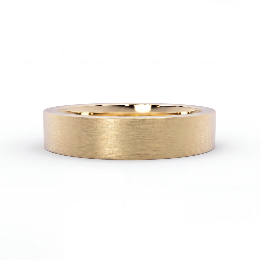 Men's Flat Satin Wedding Band in 14K yellow gold, 5mm flat profile, front view