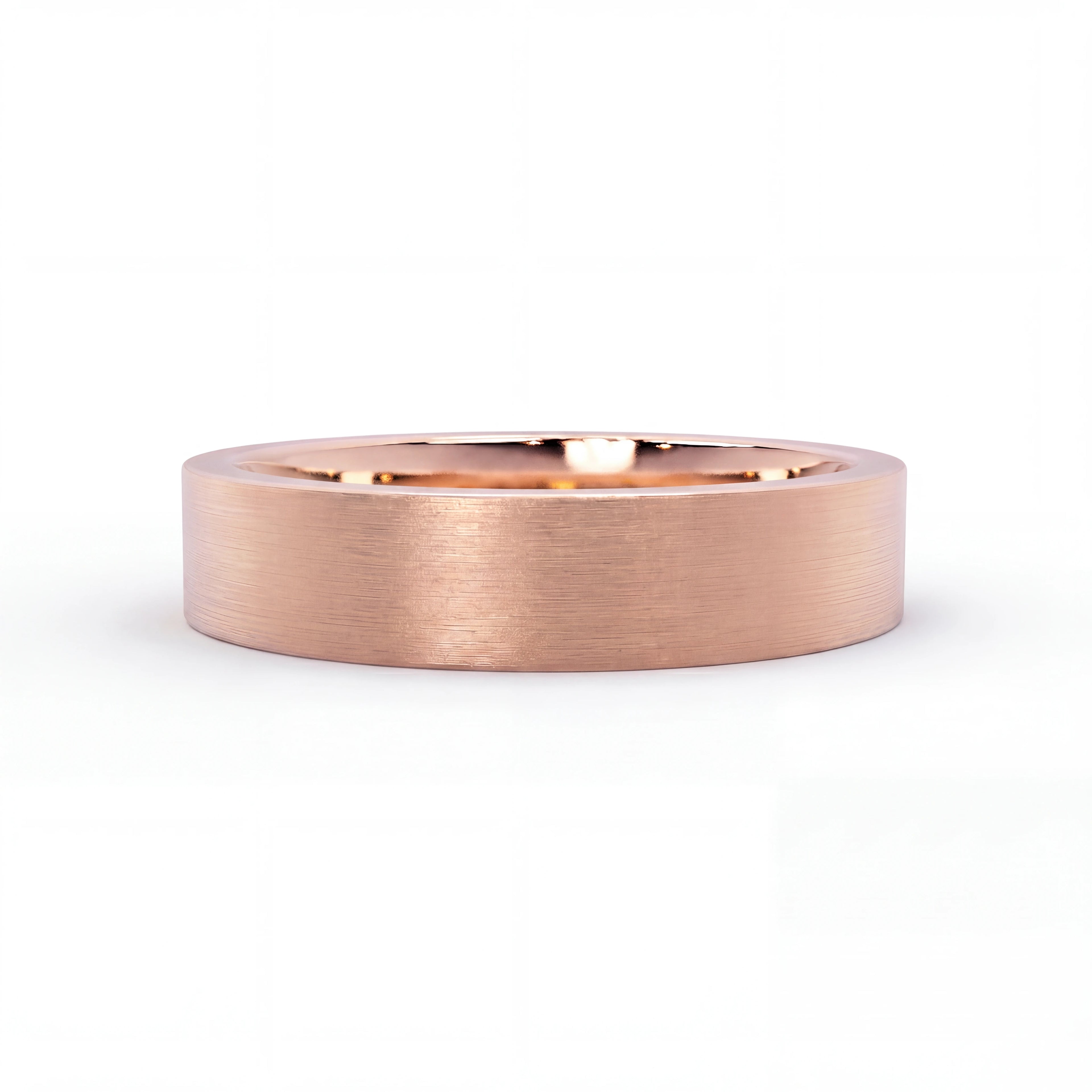 Men's 5mm flat satin wedding band in 14K gold, worn on hand