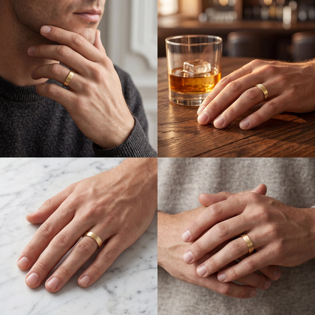 Men's 5mm flat satin wedding band in 14K gold, side profile showing the flat edge