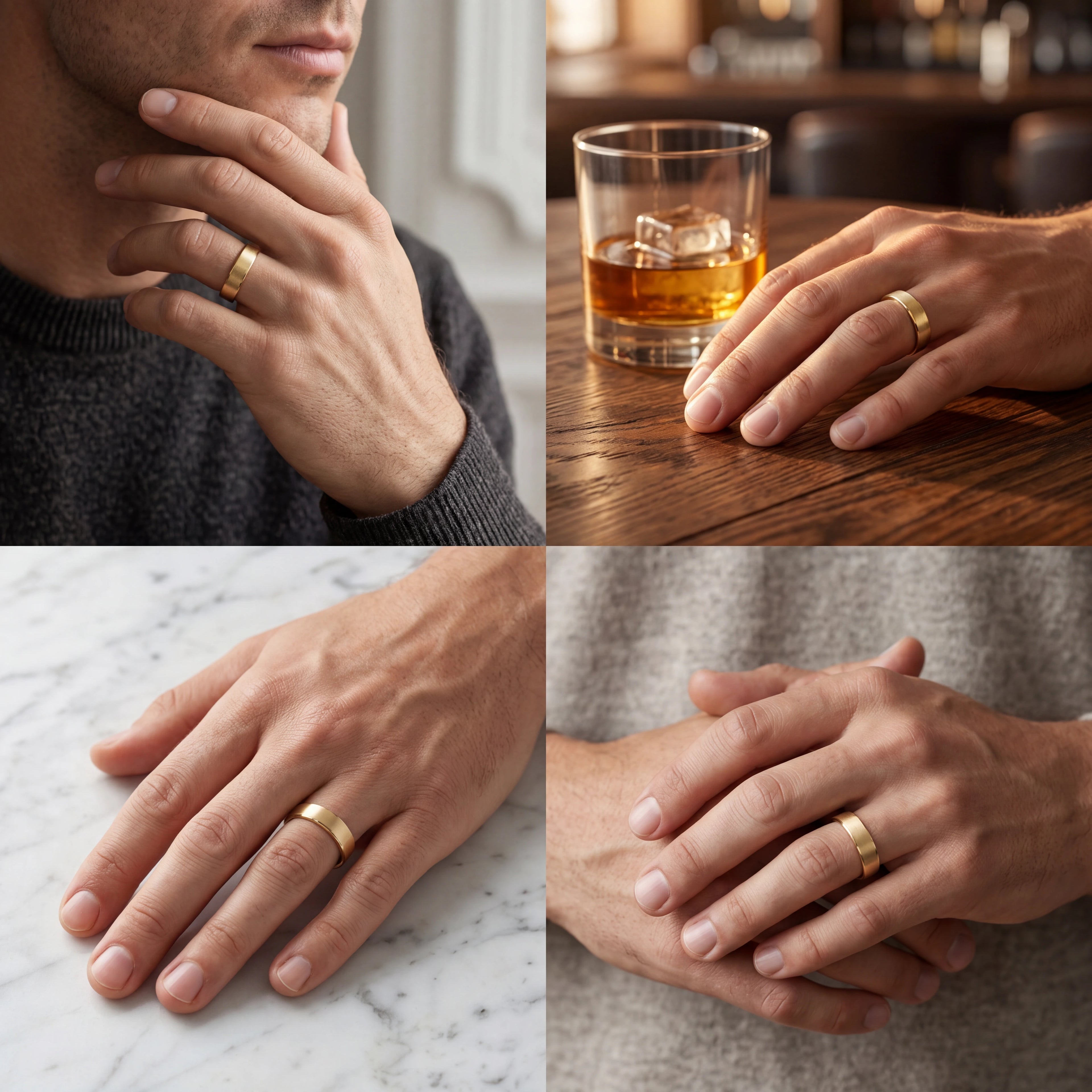 Men's 5mm flat satin wedding band in 14K gold, side profile showing the flat edge