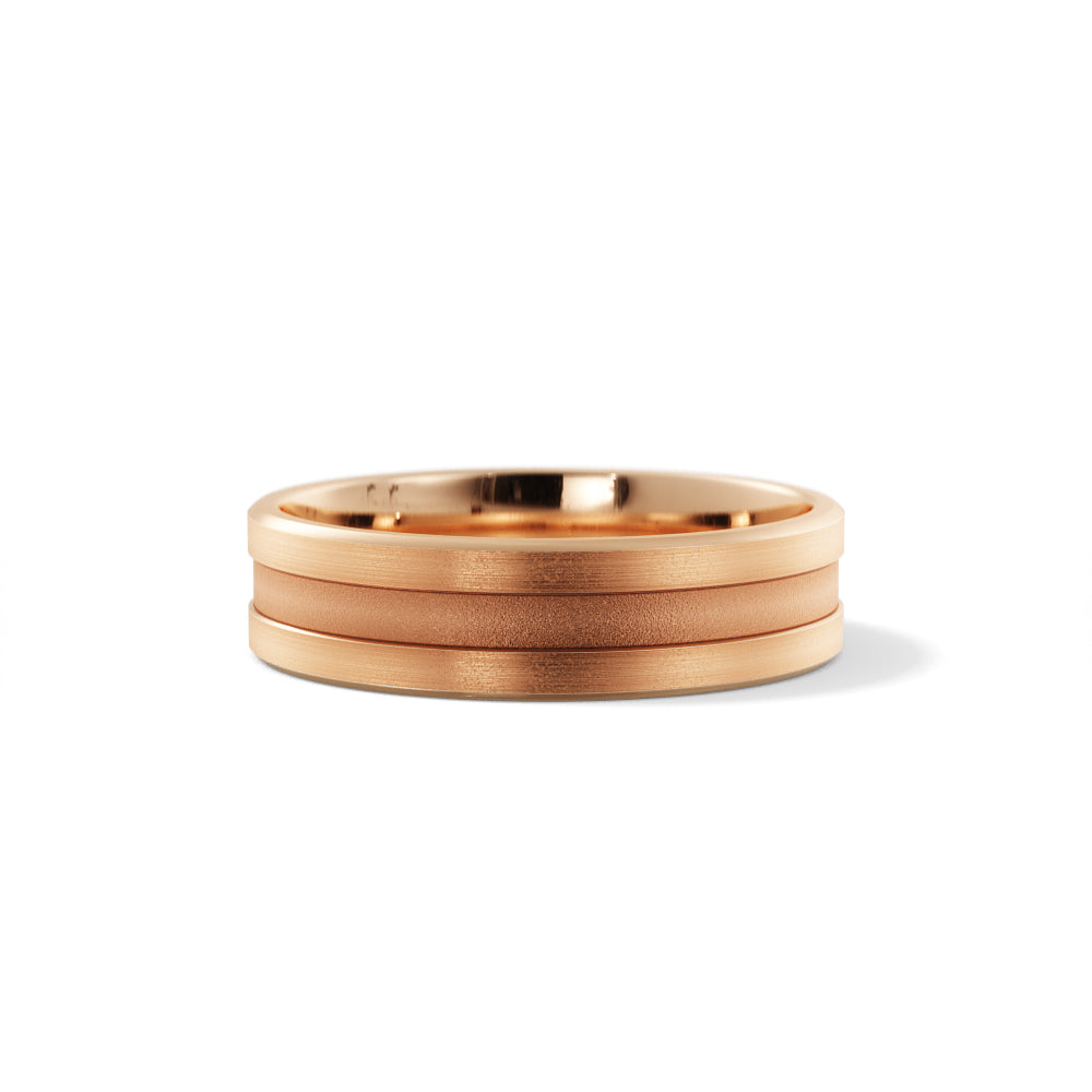 Men's 6mm grooved wedding band in 14K rose gold, sandblasted center between brushed rails with polished beveled edges, front view