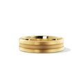 Men's 6mm grooved wedding band in 14K yellow gold, sandblasted center between brushed rails with polished beveled edges, front view