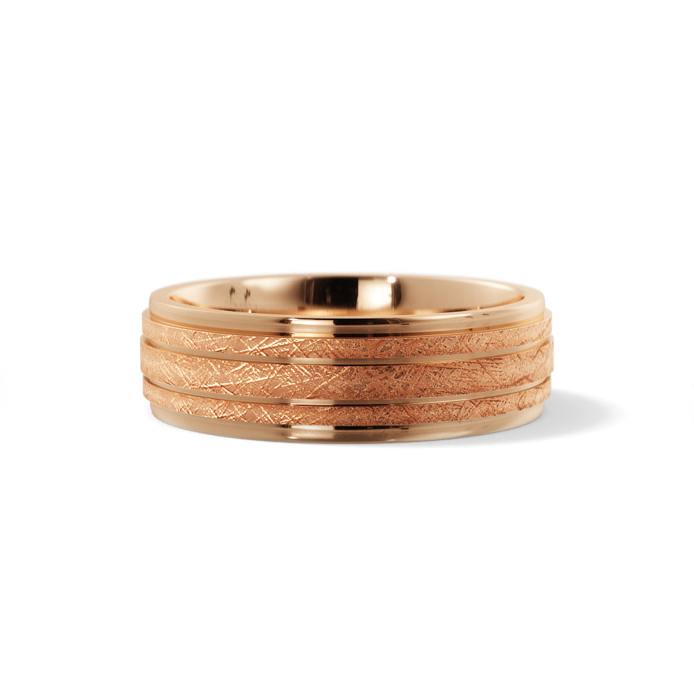 Men's 7mm ice finish grooved wedding band in 14K rose gold, three textured bands split by polished grooves with stepped polished edges, front view