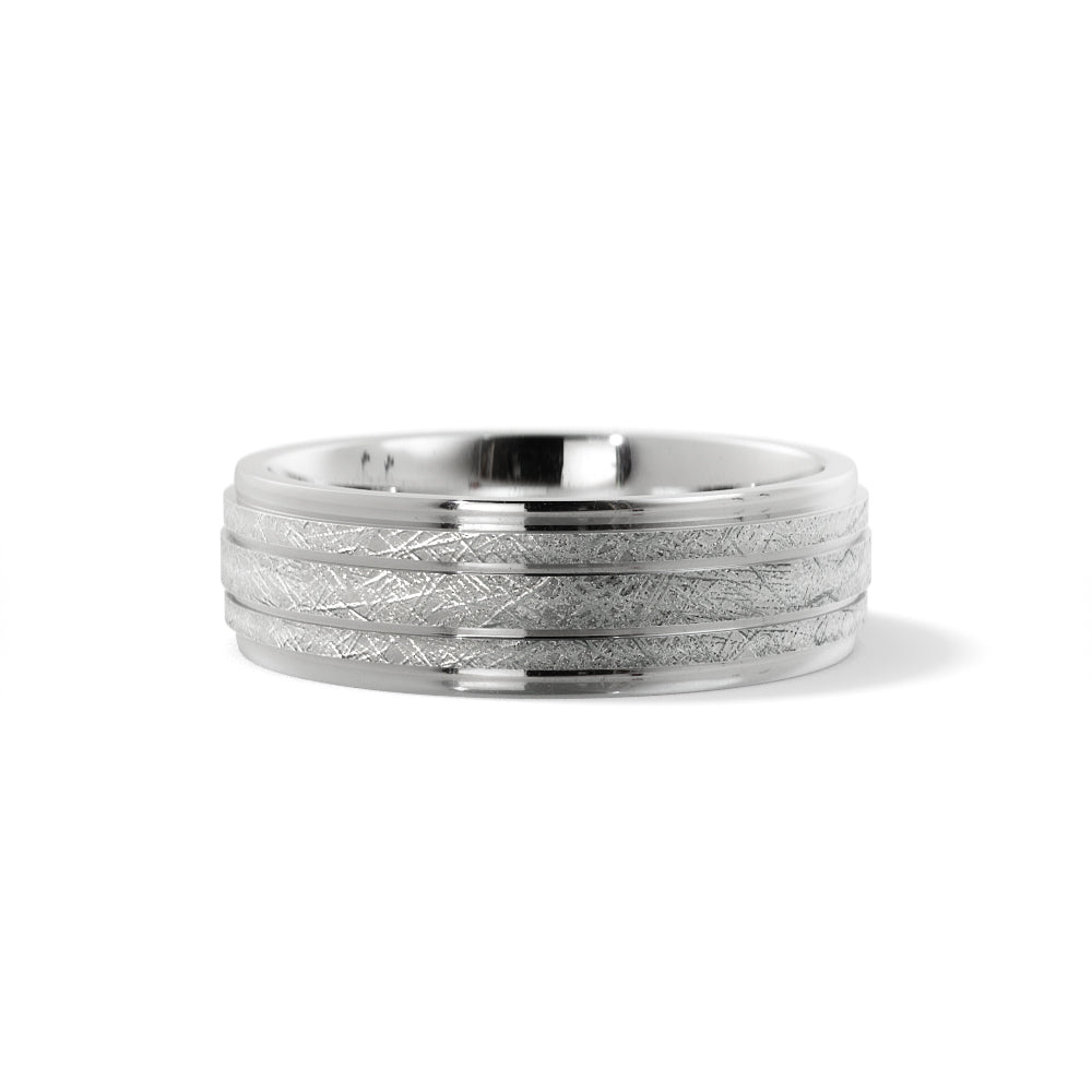 Men's 7mm ice finish grooved wedding band in 14K white gold, frosty textured bands between polished grooves and stepped edges, front view
