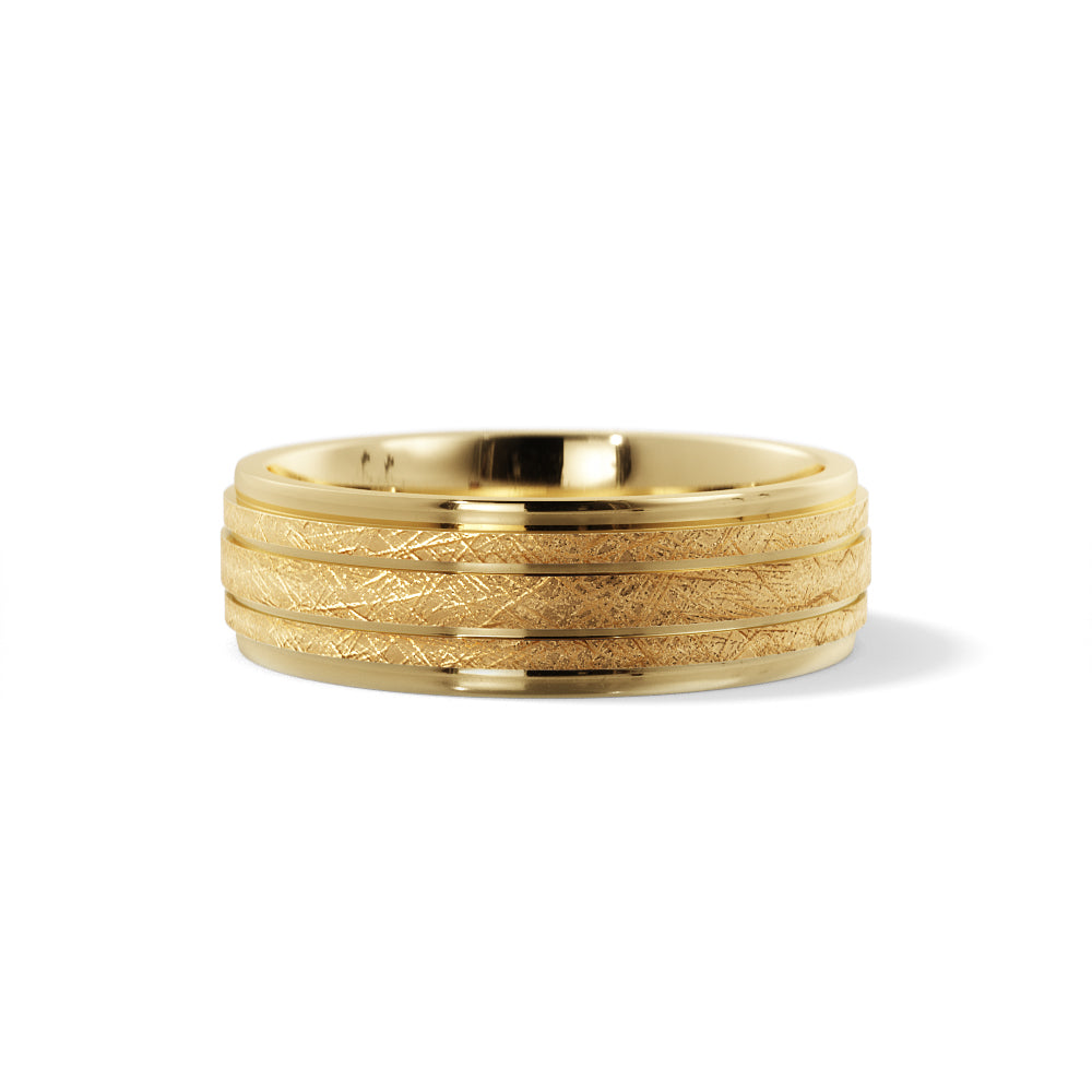 Men's 7mm ice finish grooved wedding band in 14K yellow gold, three textured bands split by polished grooves with stepped polished edges, front view