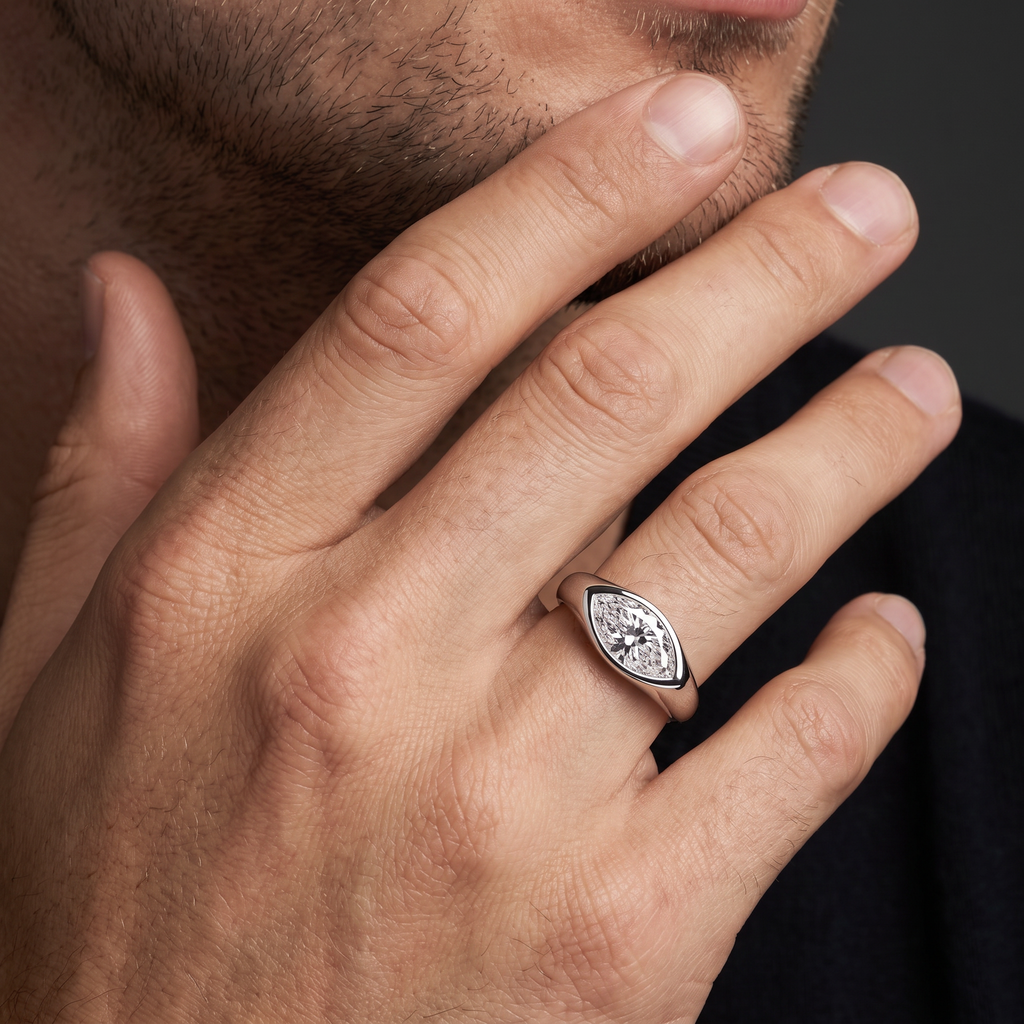 Four lifestyle views of a marquise signet ring worn by a man