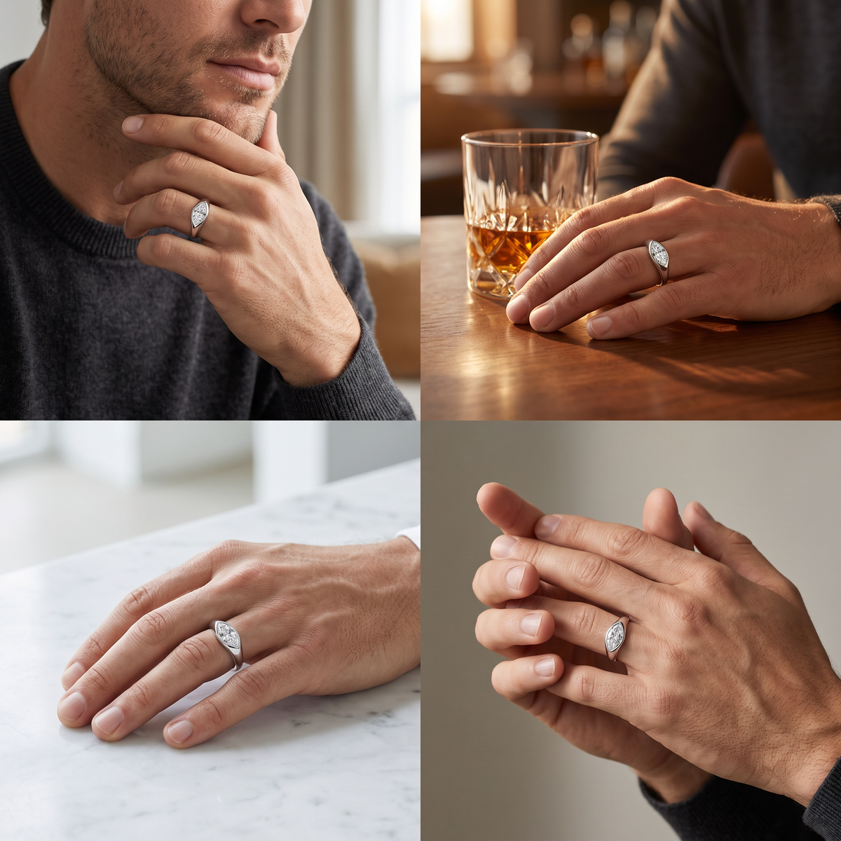 Man wearing the 1ct marquise diamond signet ring in white gold, showing how flush the bezel sits against the finger