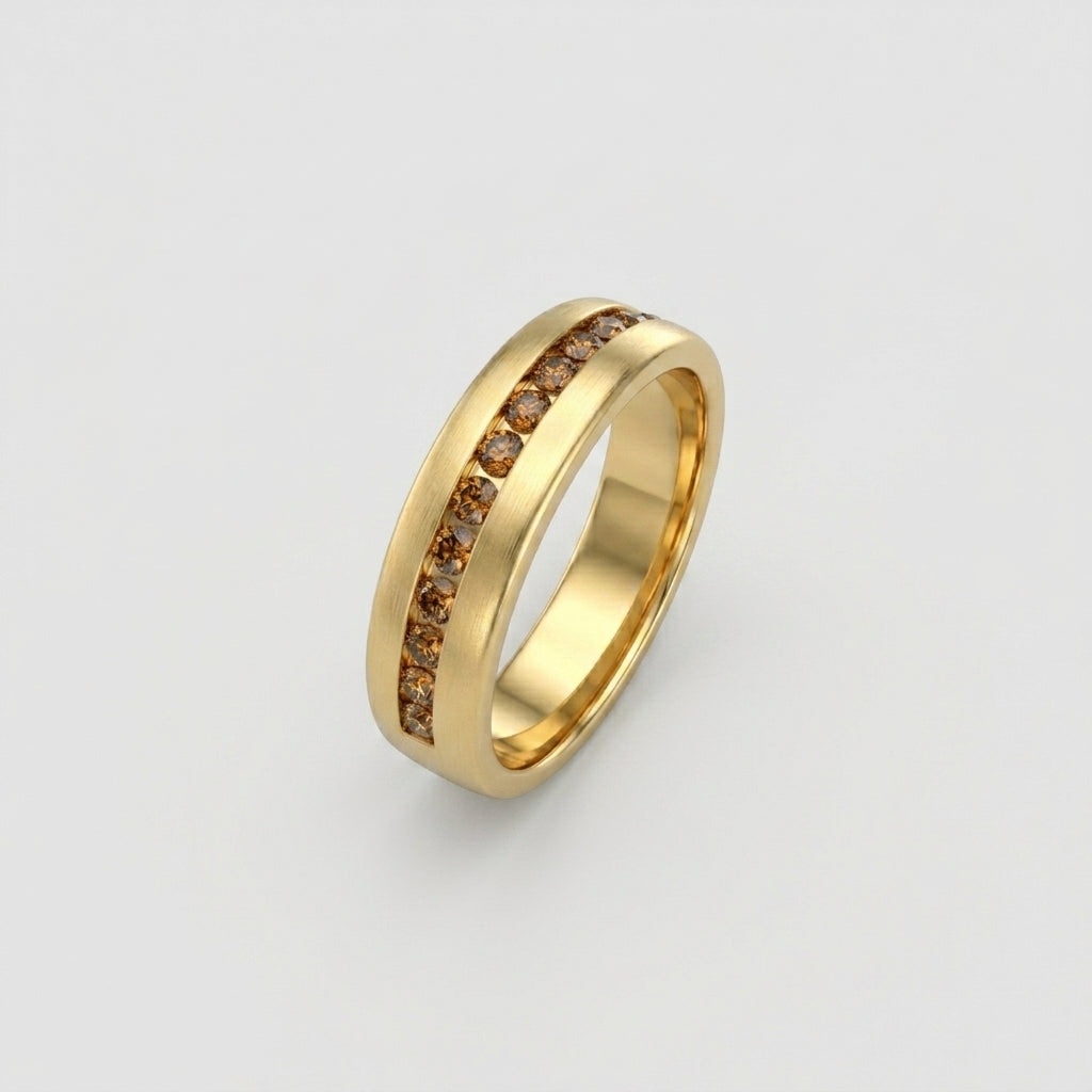 Men's Natural Cognac Diamond Wedding Band in 14K rose gold, channel-set brown diamonds, front view