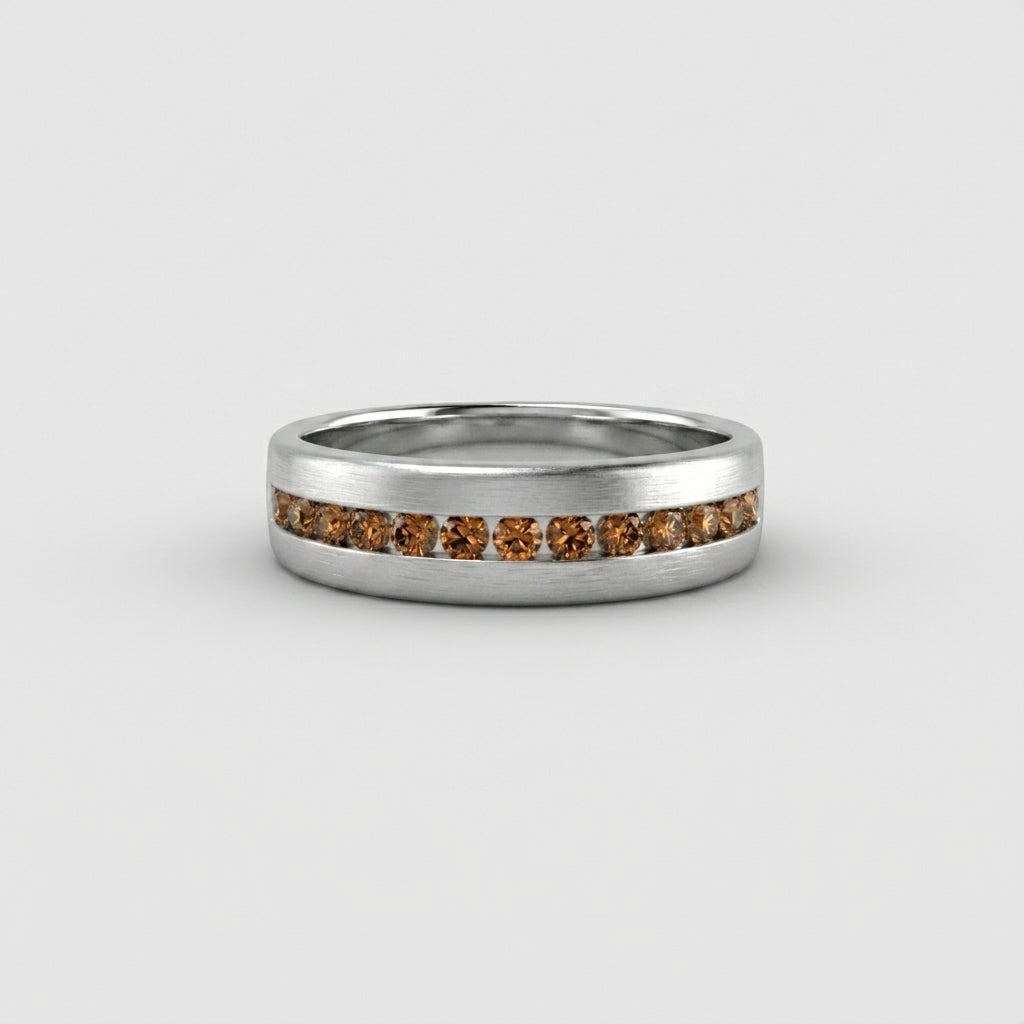 Men's Natural Cognac Diamond Wedding Band in 14K white gold, channel-set brown diamonds, front view