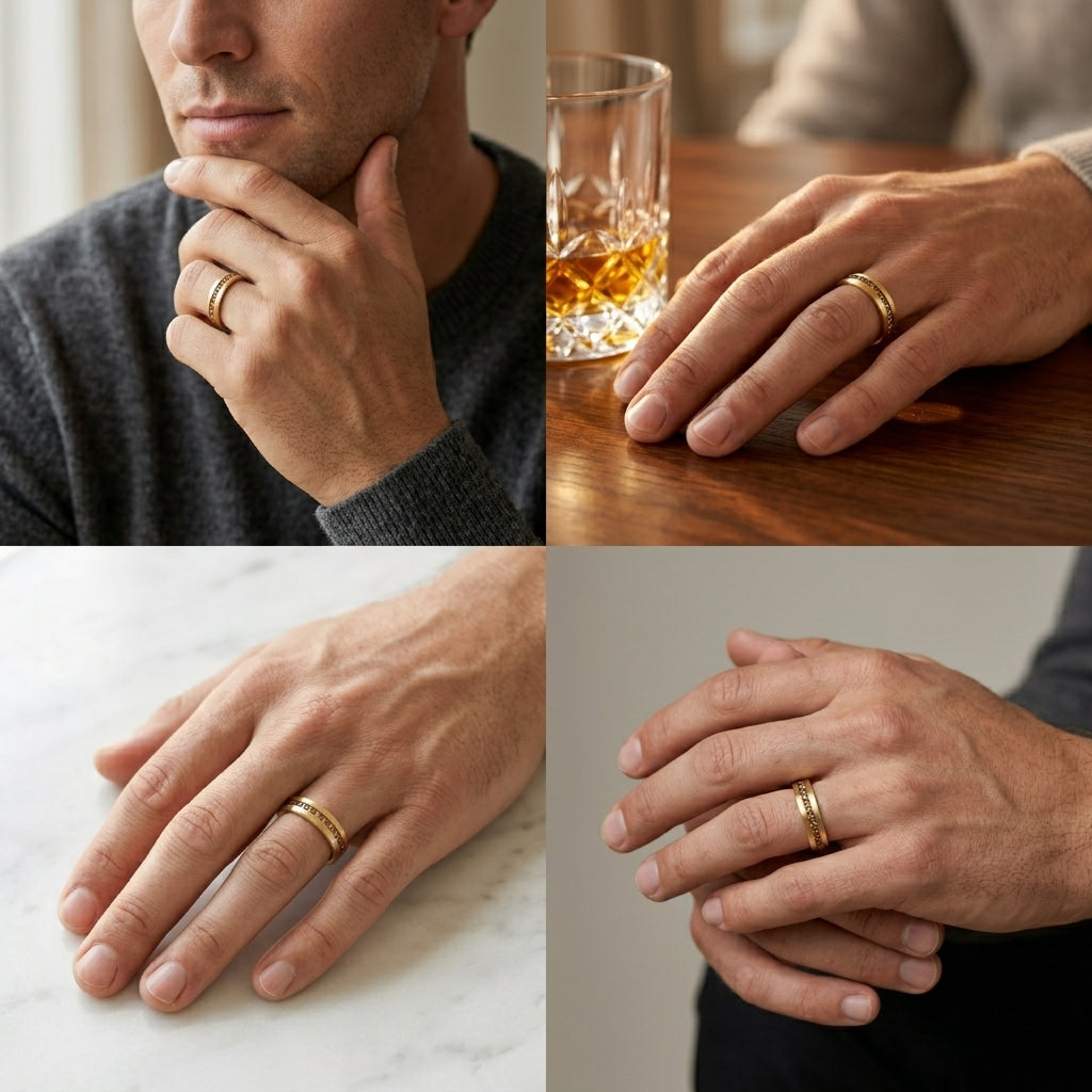 Men's Natural Cognac Diamond Wedding Band in 14K yellow gold, angled view showing channel-set cognac diamonds