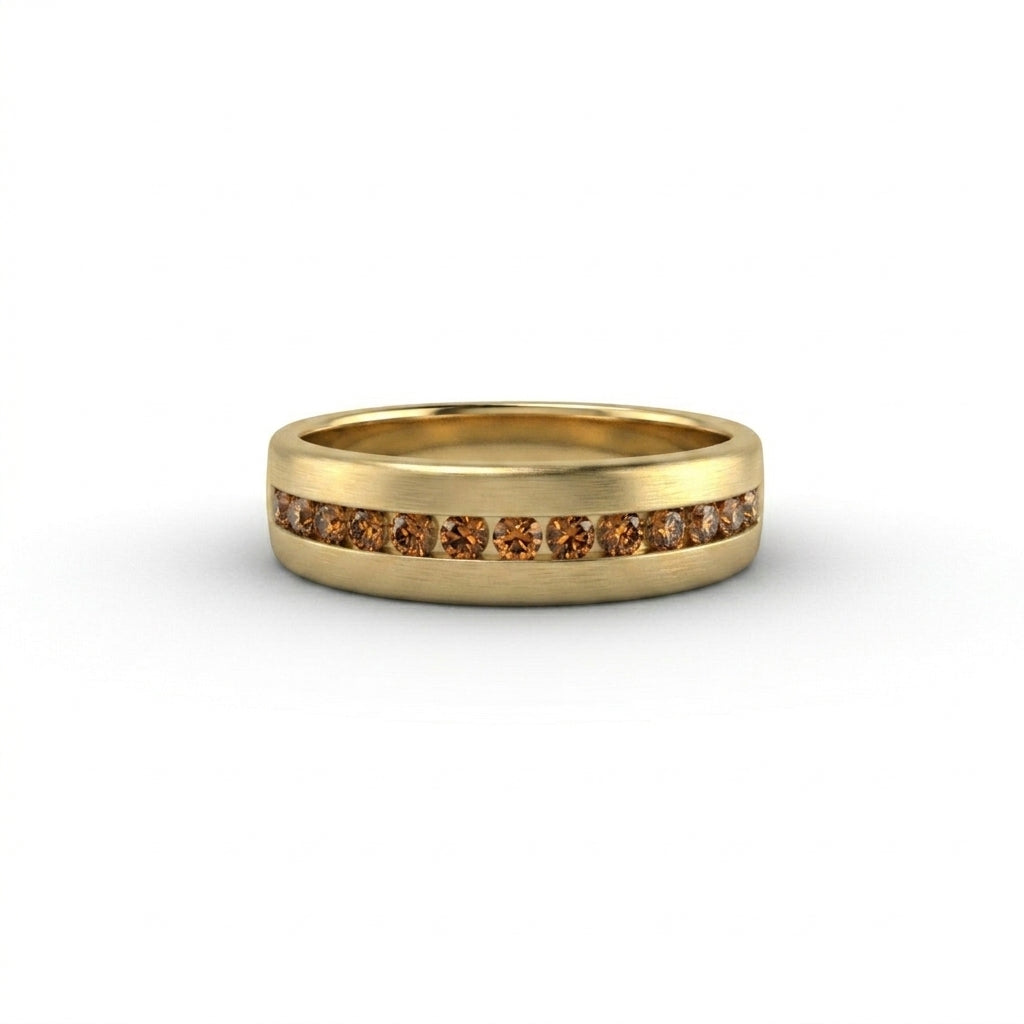 Men's Natural Cognac Diamond Wedding Band in 14K yellow gold, channel-set brown diamonds, front view