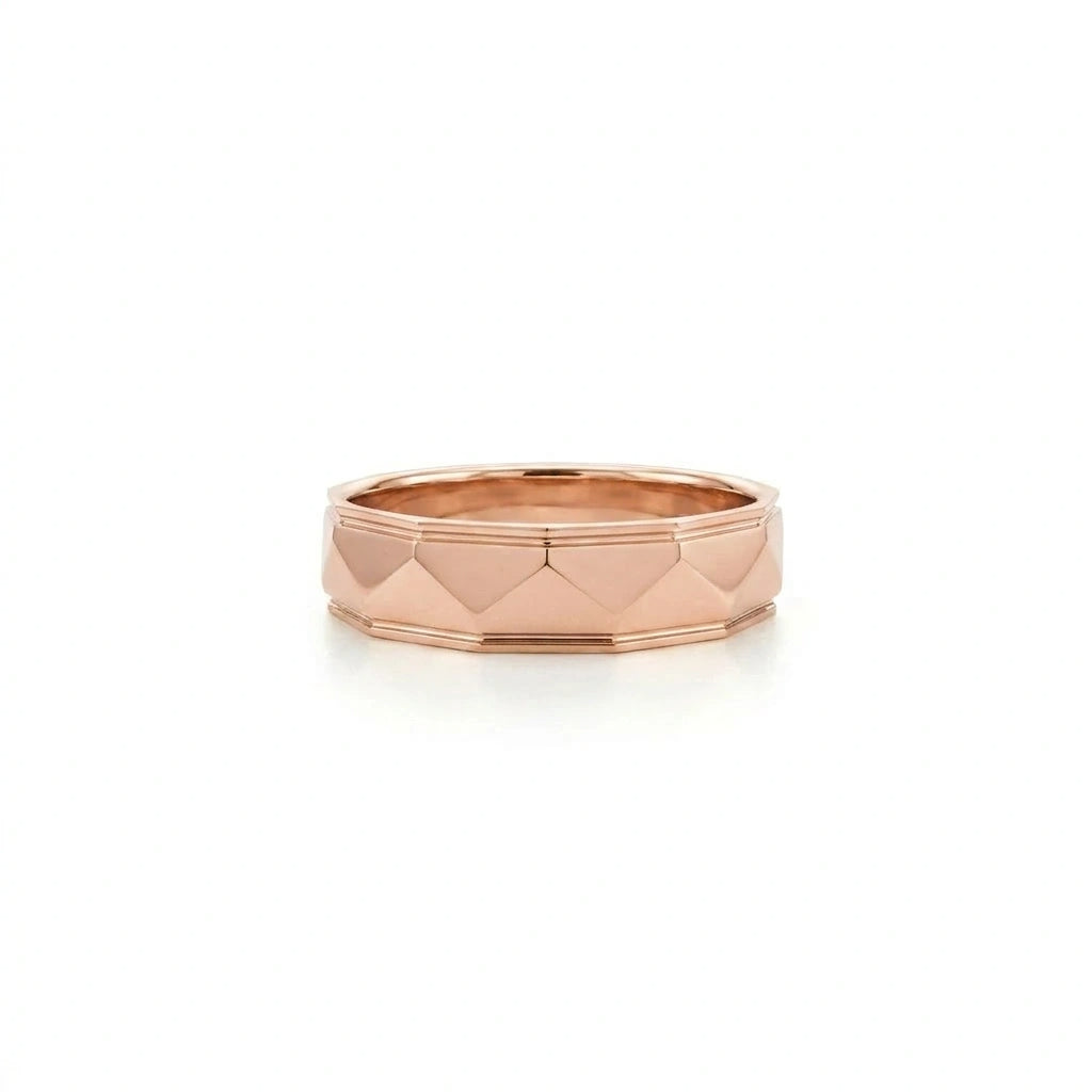 Men's pyramid wedding band in 14K rose gold, 5.5mm, front view — Black Pearl of Queens