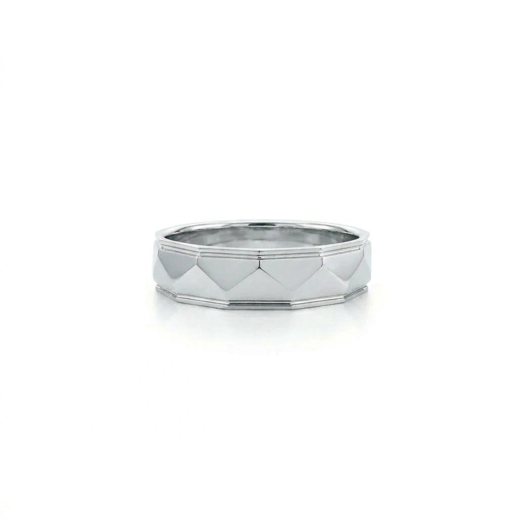 Men's pyramid wedding band in 14K white gold, 5.5mm, front view — Black Pearl of Queens