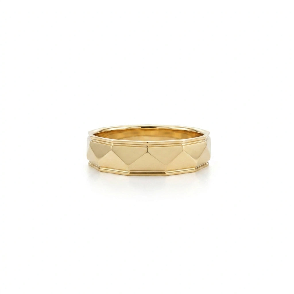 Men's pyramid wedding band in 14K yellow gold, 5.5mm, front view — Black Pearl of Queens