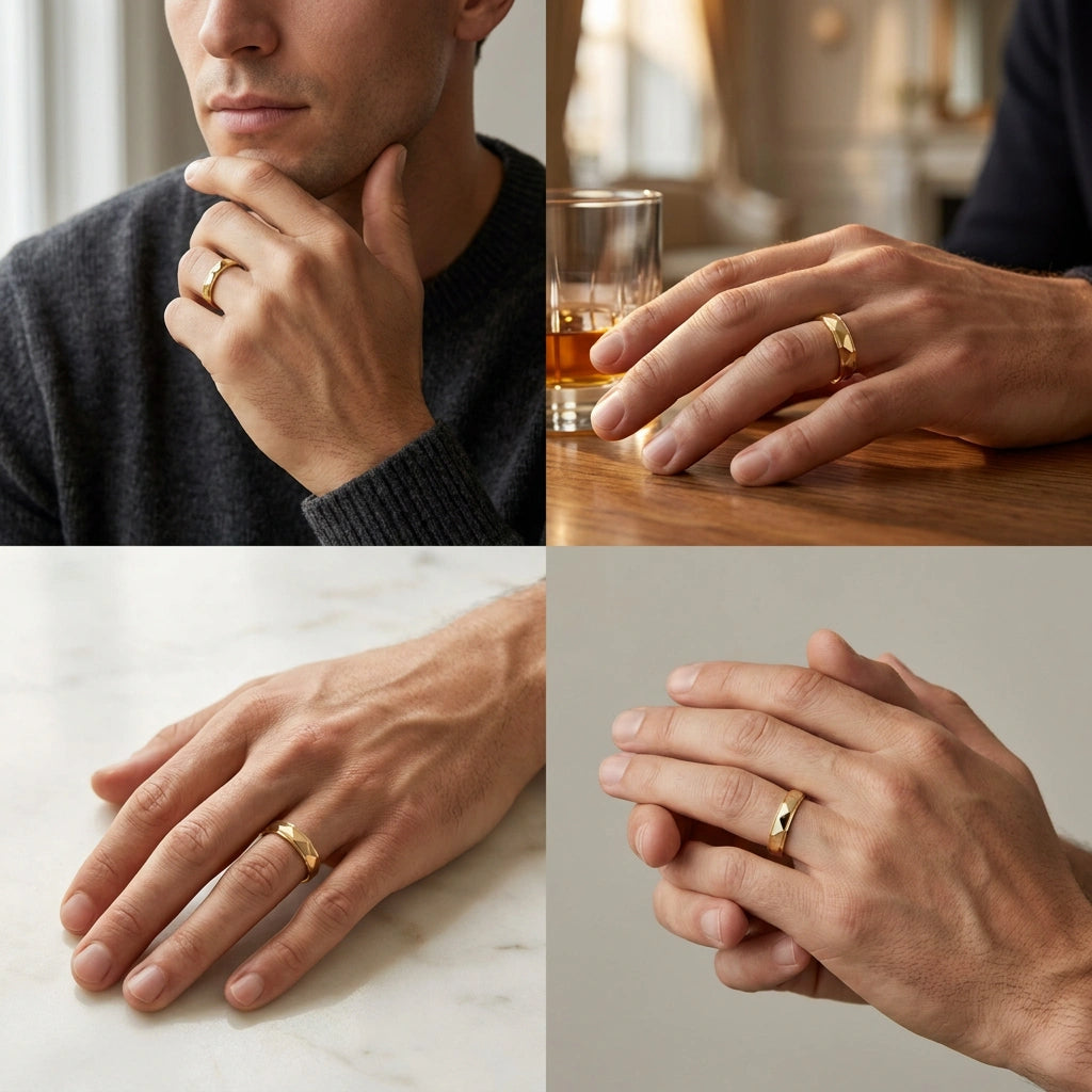 Men's 14K yellow gold pyramid wedding band shown on the hand in four lifestyle settings — Black Pearl of Queens