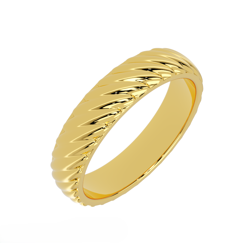 Close-up detail of twisted rope texture on men’s solid 14K gold wedding band