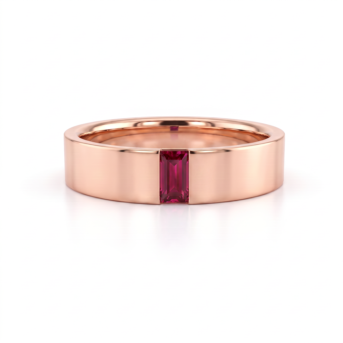 5mm men's wedding band in 14K rose gold with a red Lab-Created Ruby baguette