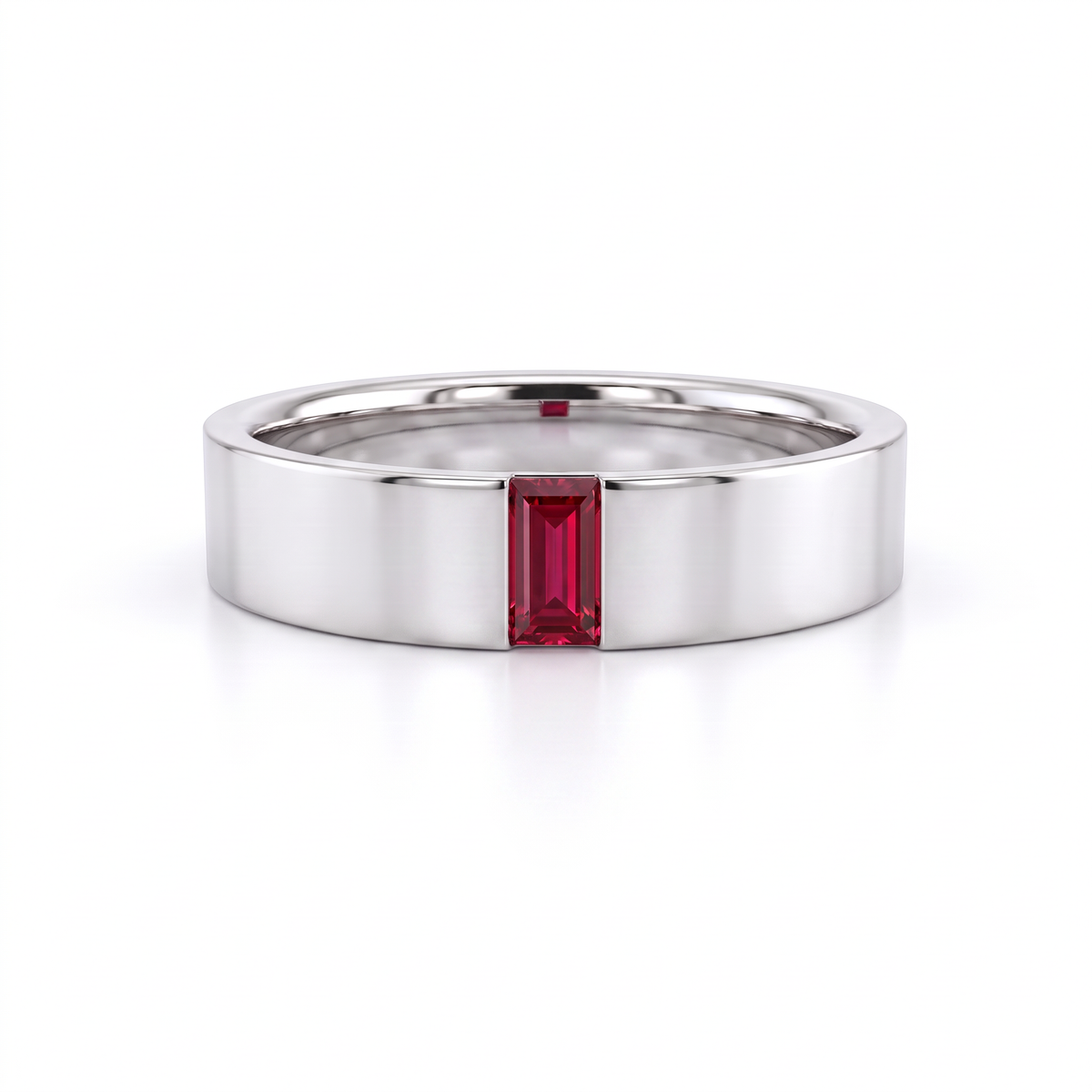 5mm men's wedding band in 14K white gold with a red Lab-Created Ruby baguette