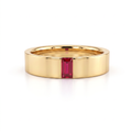 5mm men's wedding band in 14K yellow gold with a channel-set red Lab-Created Ruby baguette