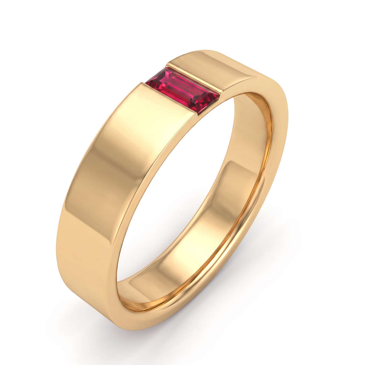 Side profile of a flat 5mm yellow gold wedding band with a red Lab-Created Ruby baguette