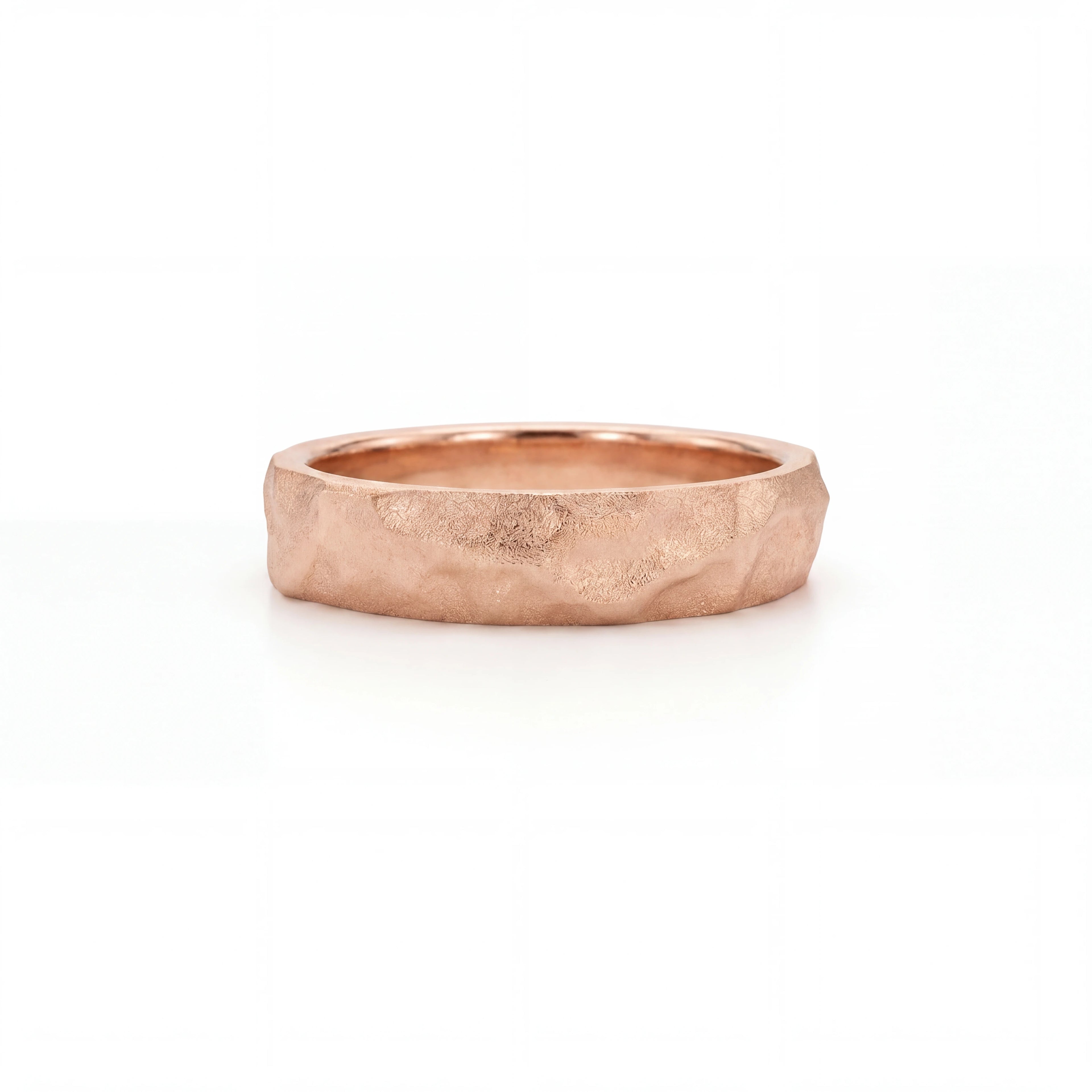 Men's Rustic Hammered Wedding Band in 14K rose gold, 5mm, front view