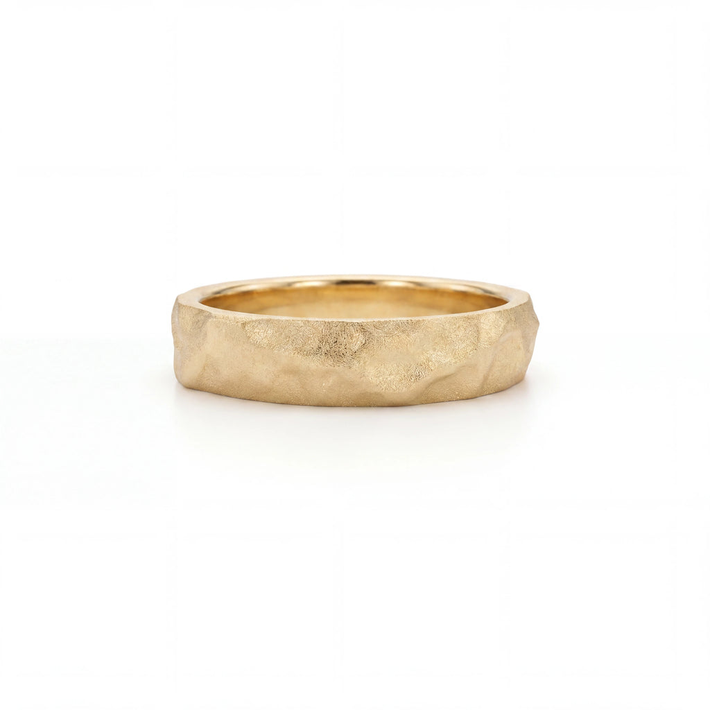 Men's Rustic Hammered Wedding Band in 14K yellow gold, 5mm, front view