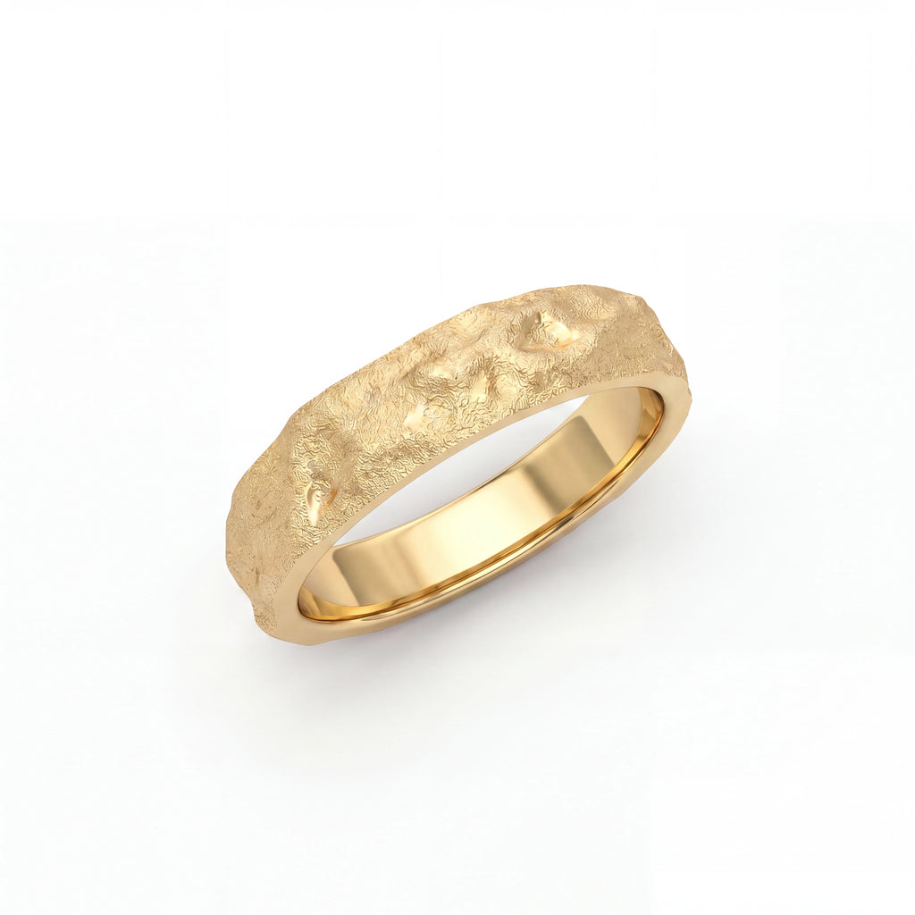 Men's Rustic Hammered Wedding Band in 14K gold, worn on hand