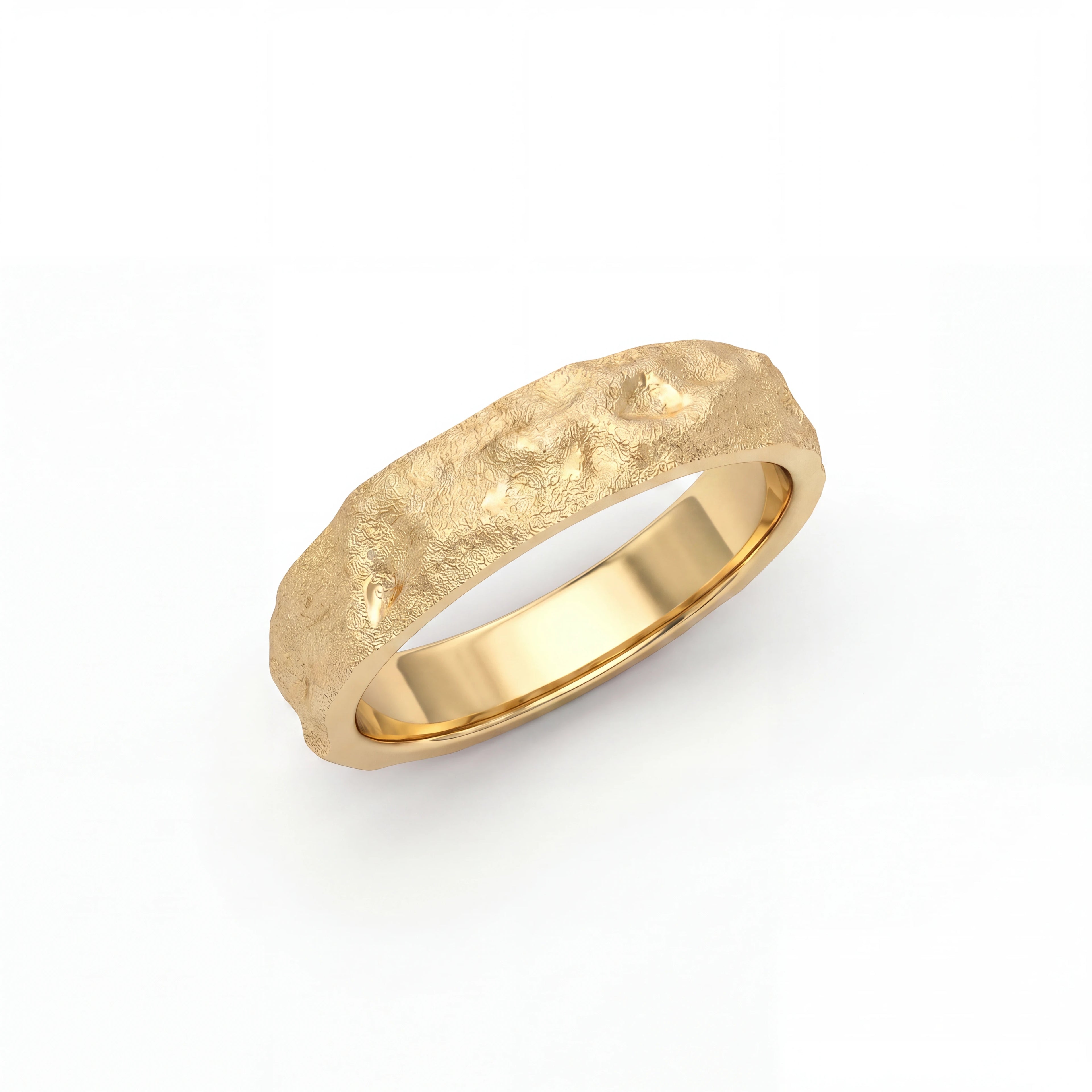 Men's Rustic Hammered Wedding Band in 14K gold, worn on hand