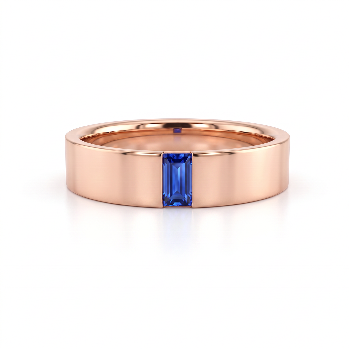 5mm men's wedding band in 14K rose gold with a blue Lab-Created Sapphire baguette