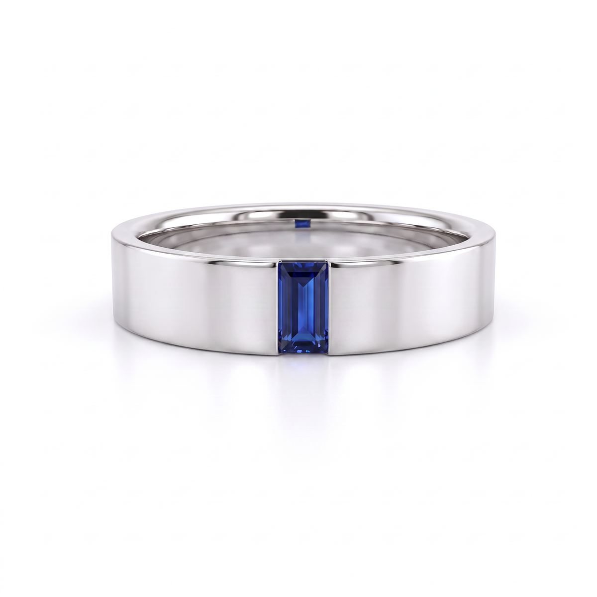 5mm men's wedding band in 14K white gold with a blue Lab-Created Sapphire baguette