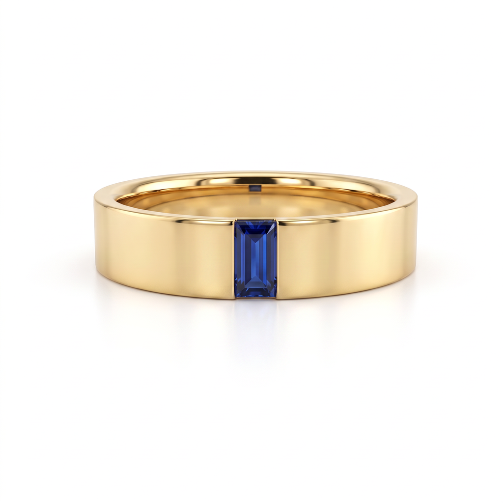 5mm men's wedding band in 14K yellow gold with a channel-set blue Lab-Created Sapphire baguette