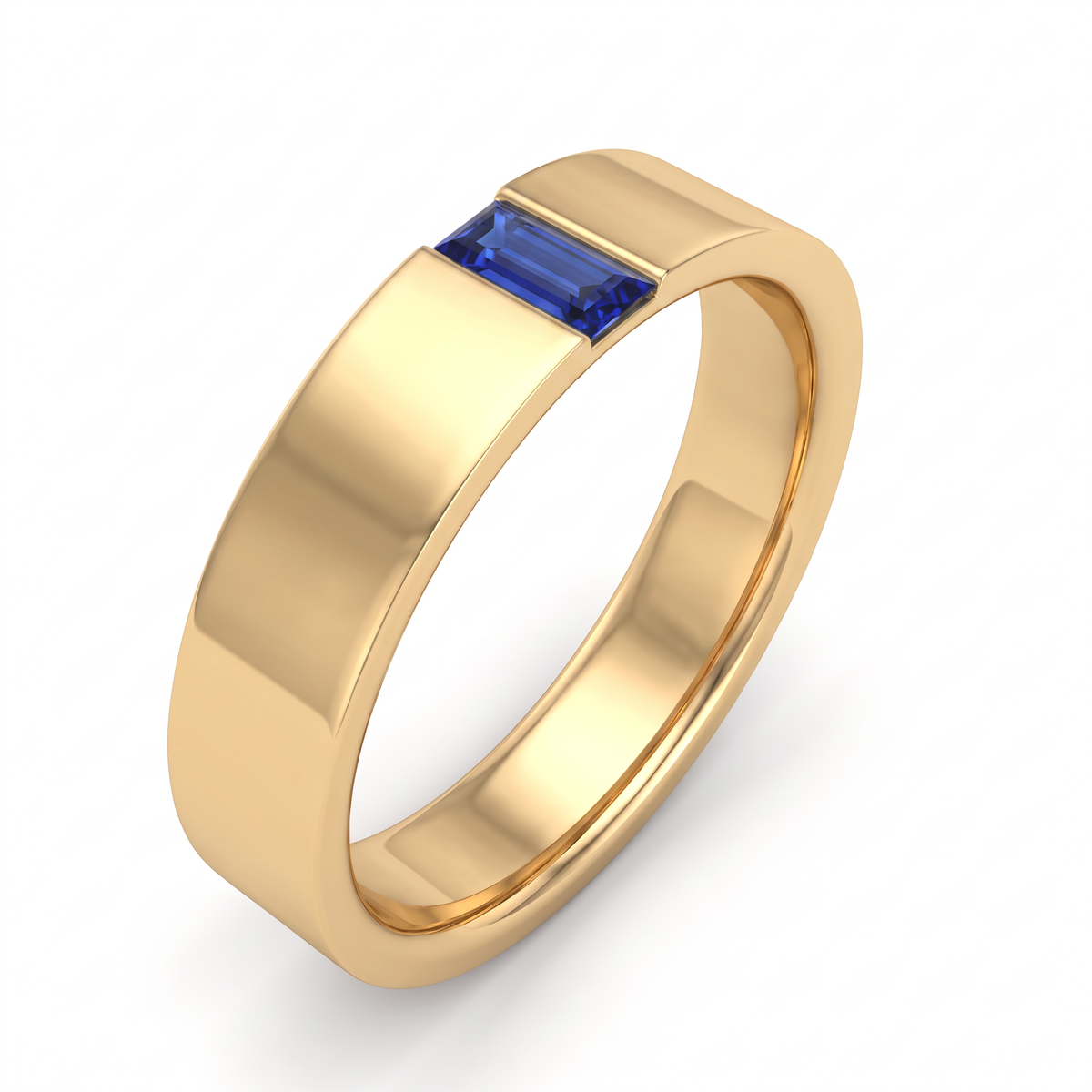 Side profile of a flat 5mm yellow gold wedding band with a blue Lab-Created Sapphire baguette