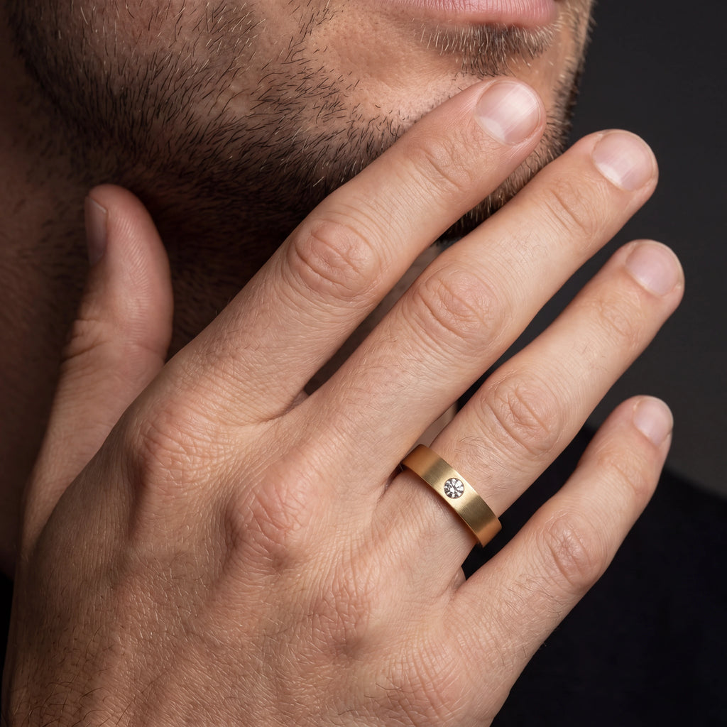 Men's 5mm satin diamond wedding band in 14K gold, angled view showing the flush-set Lab-Grown Diamond