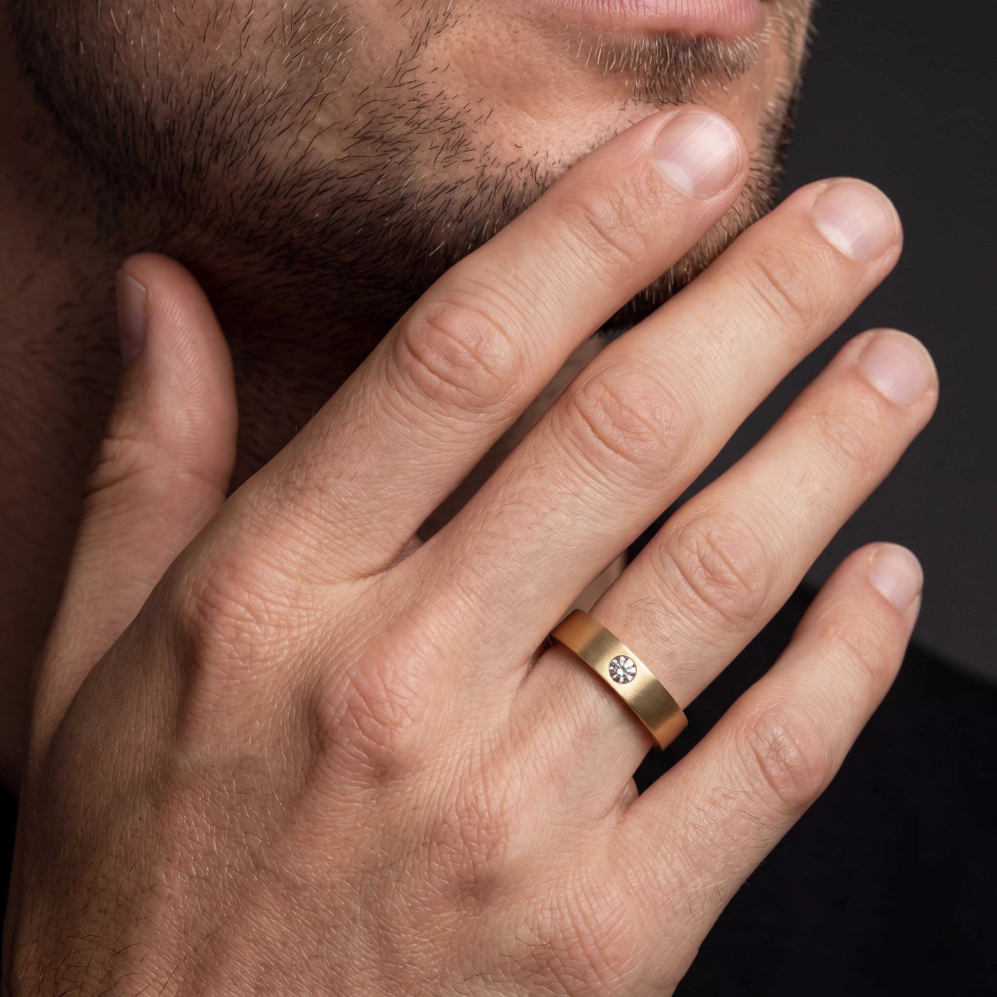 Men's 5mm satin diamond wedding band in 14K gold, angled view showing the flush-set Lab-Grown Diamond