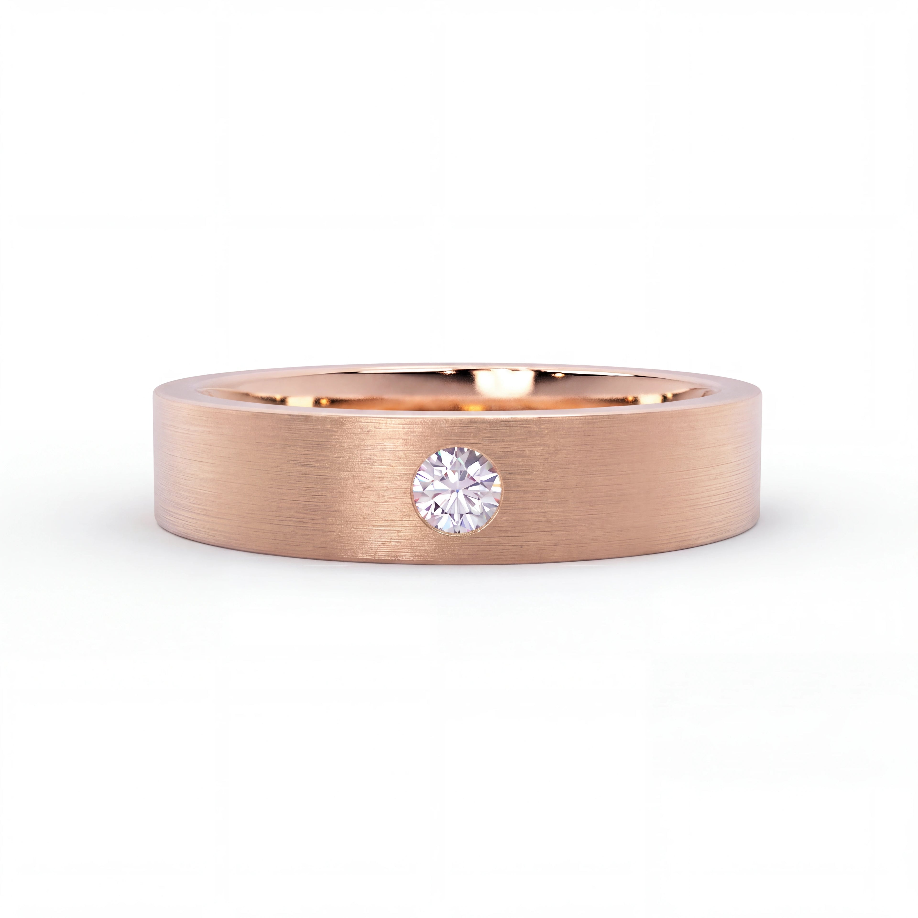 Men's 5mm satin diamond wedding band in 14K gold, worn on hand