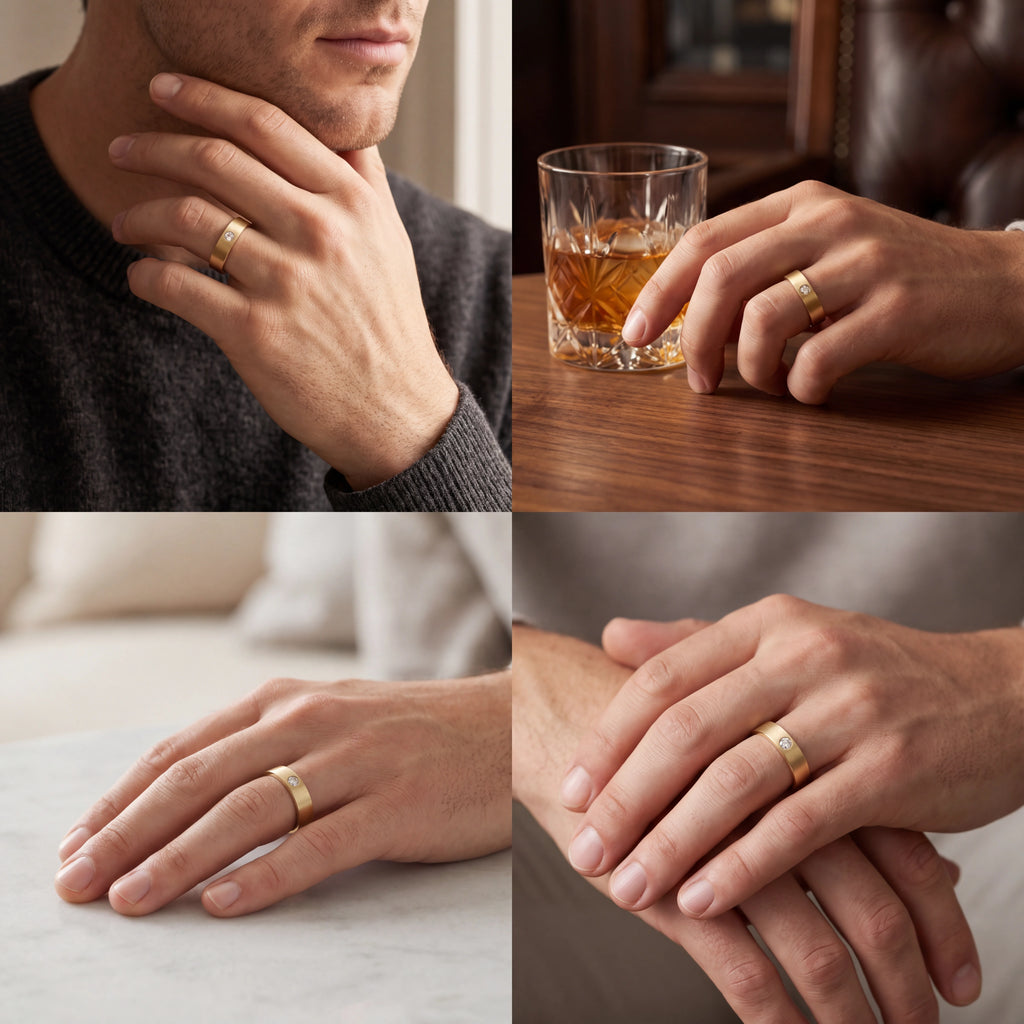 Men's satin finish diamond wedding band in 14K gold, close-up of the flush-set round diamond
