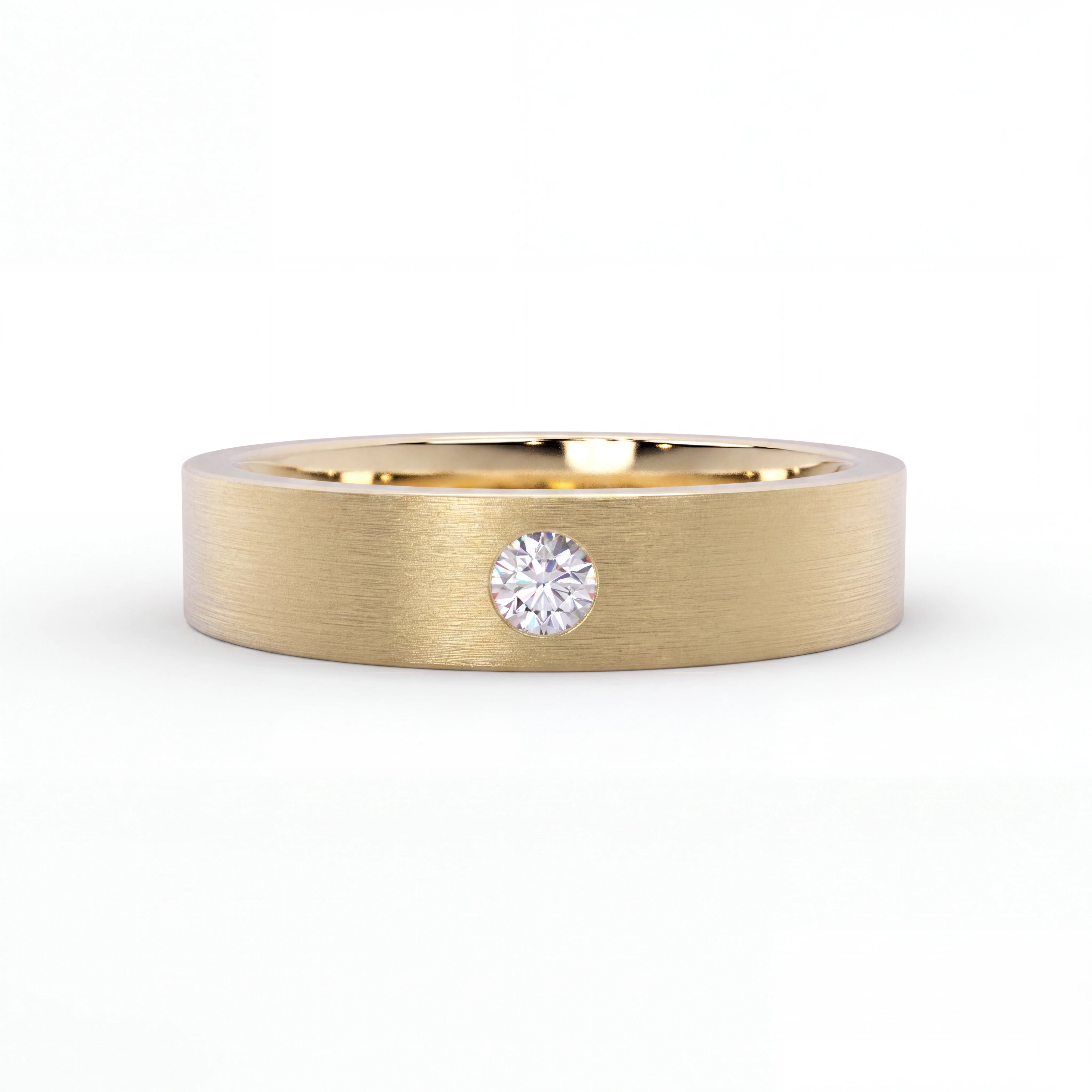 Men's Satin Lab-Grown Diamond Wedding Band in 14K yellow gold, 5mm with flush-set diamond, front view