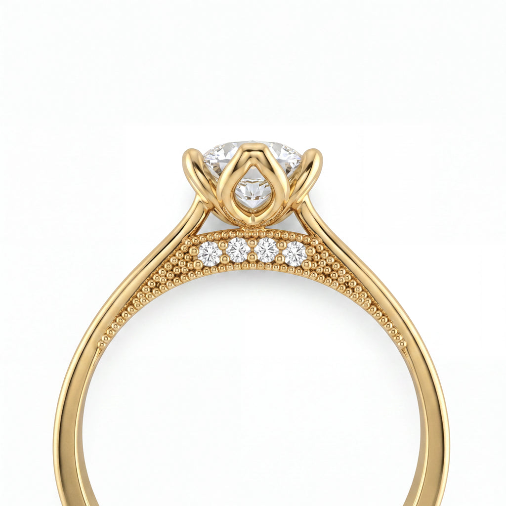 Marquise vintage-inspired engagement ring showing gallery diamond detail beneath center stone, 14K yellow gold