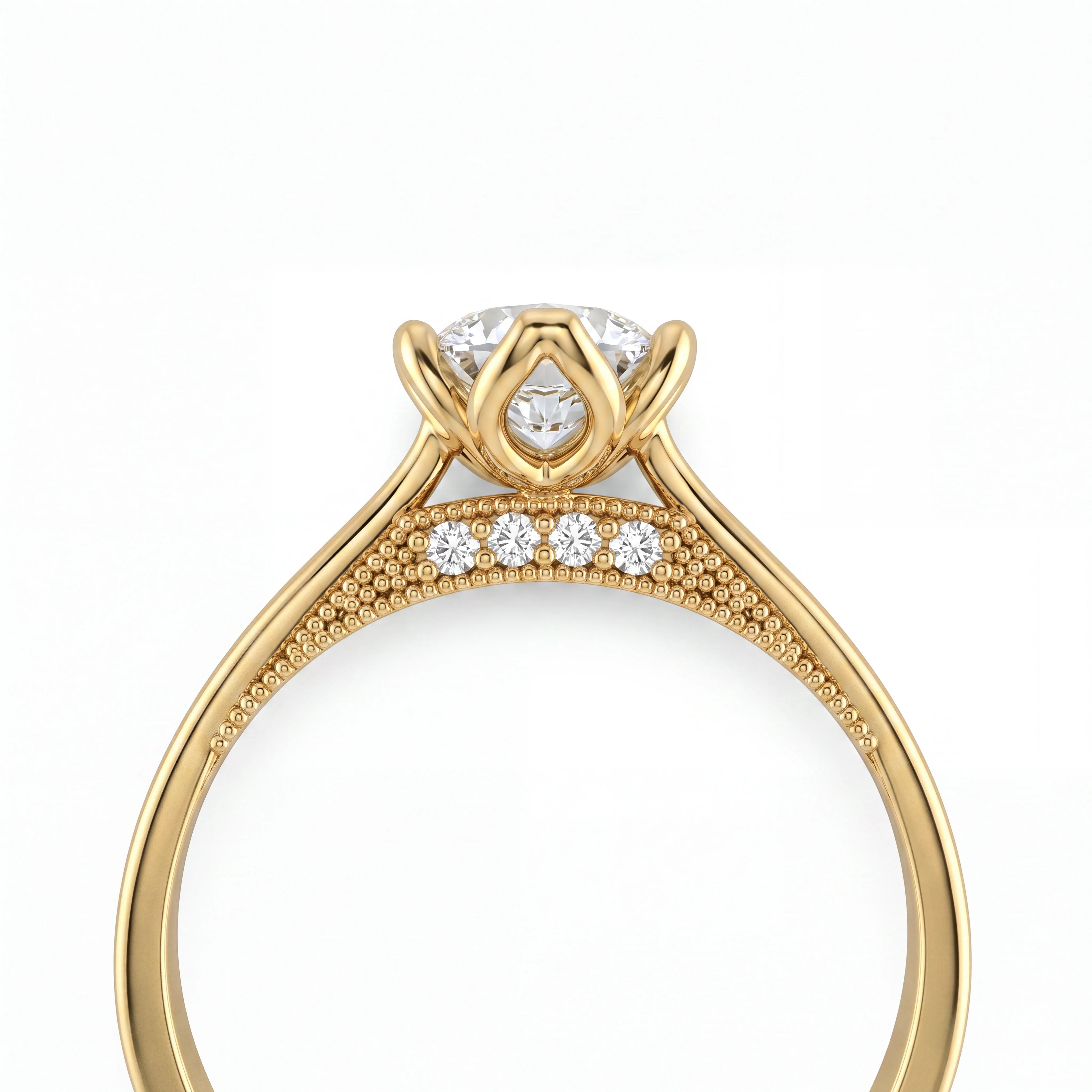 Marquise vintage-inspired engagement ring showing gallery diamond detail beneath center stone, 14K yellow gold