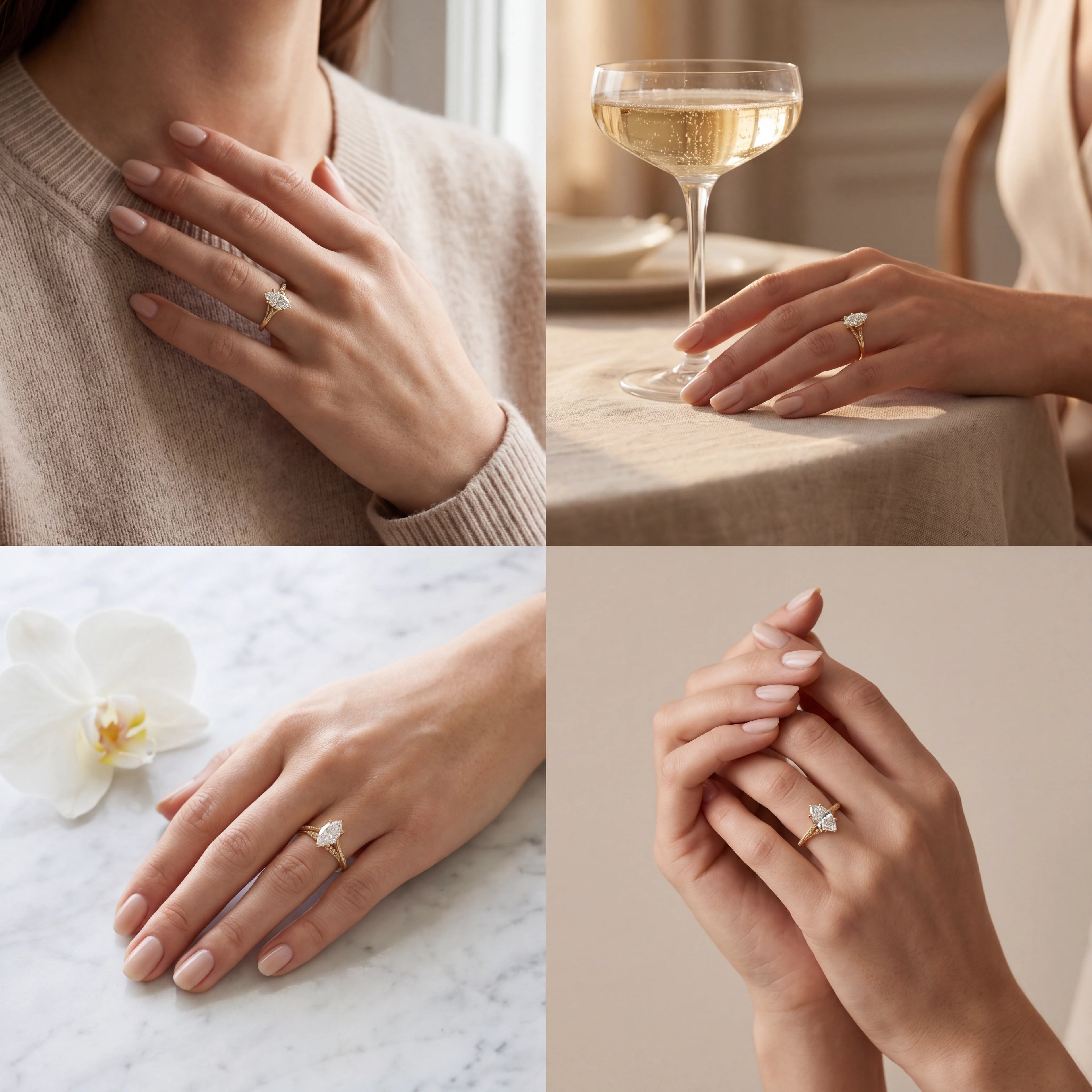 Vintage-inspired marquise Lab-Grown Diamond engagement ring styled in everyday and celebration settings